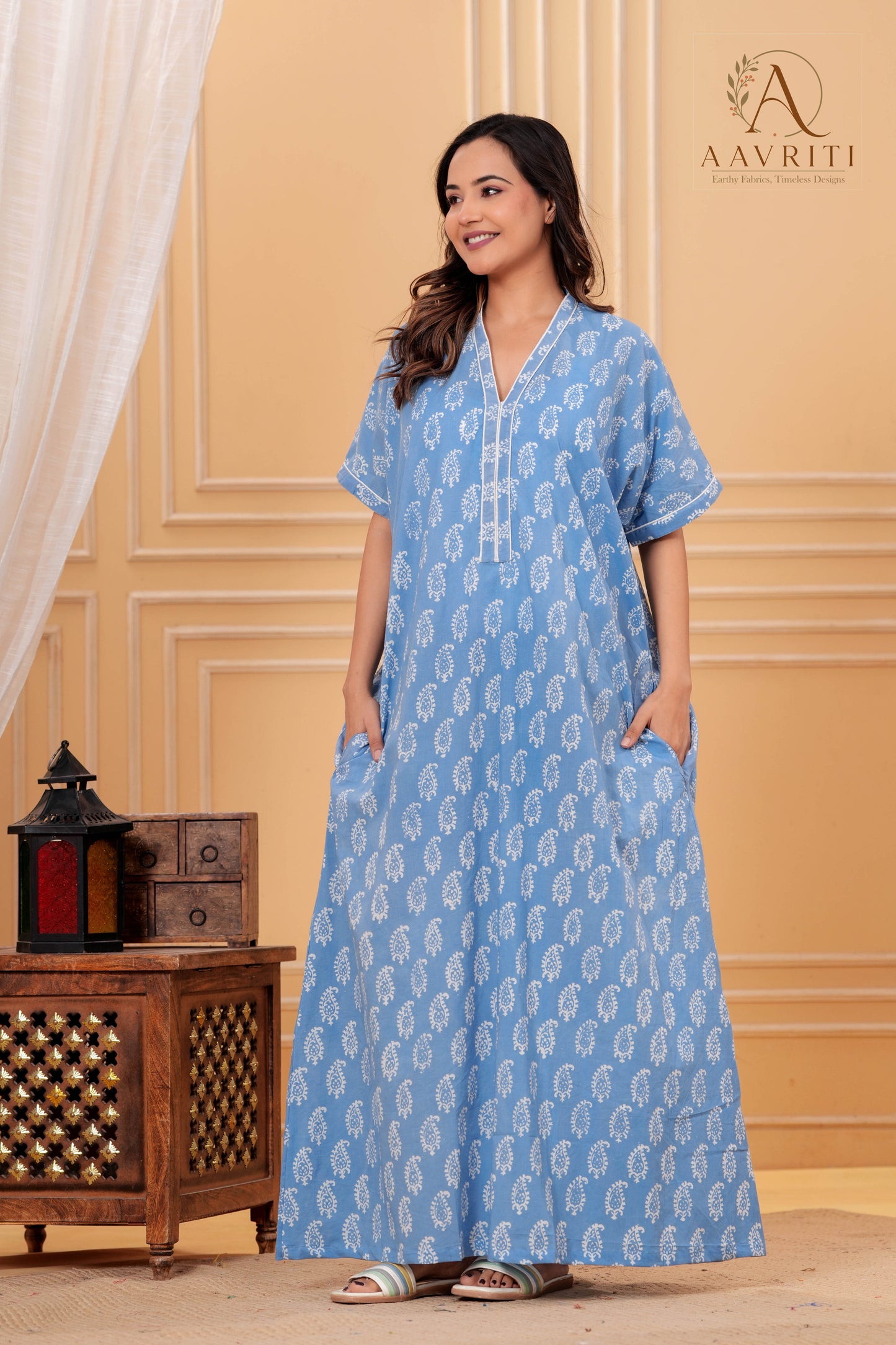 Aavriti Powder Blue Paisley Hand Block Printed Cotton Kaftan