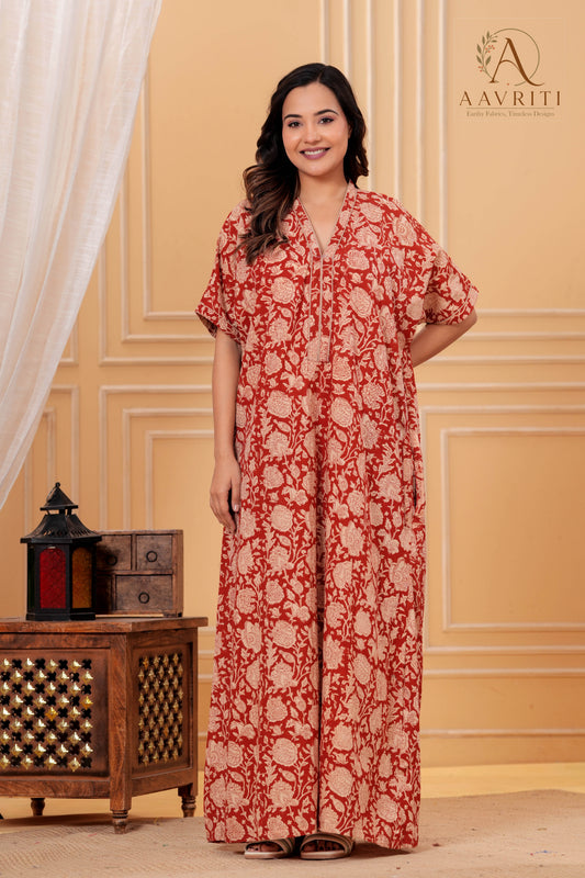 Aavriti Rust Red Floral Jaal Hand Block Printed Cotton Kaftan