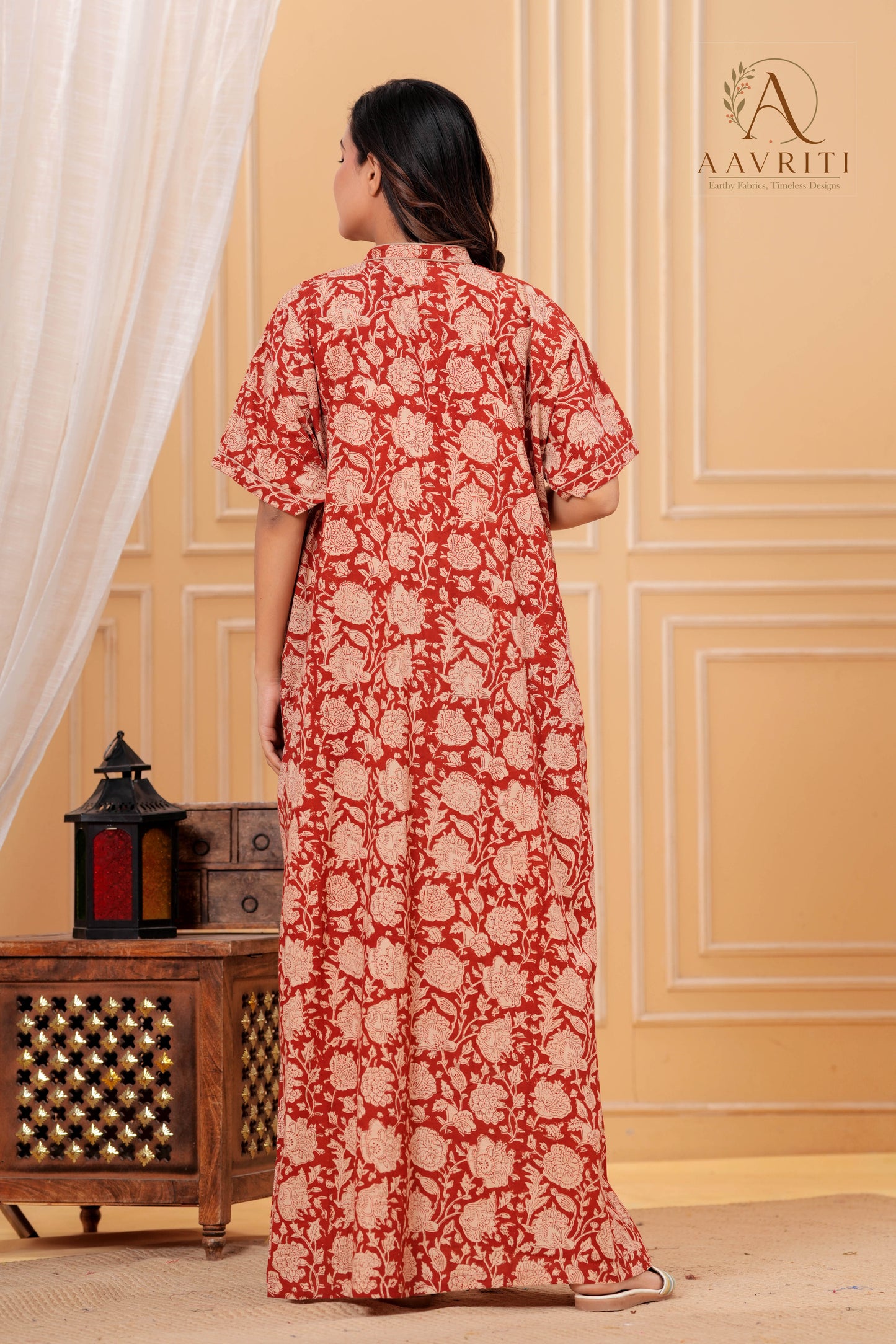 Aavriti Rust Red Floral Jaal Hand Block Printed Cotton Kaftan