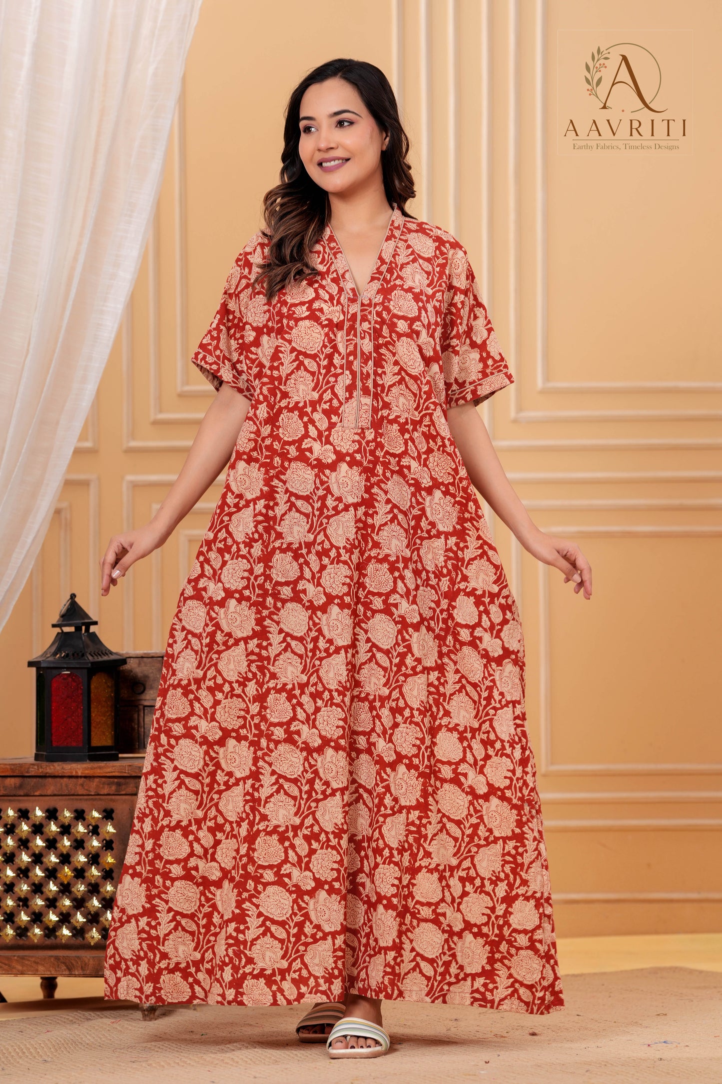 Aavriti Rust Red Floral Jaal Hand Block Printed Cotton Kaftan