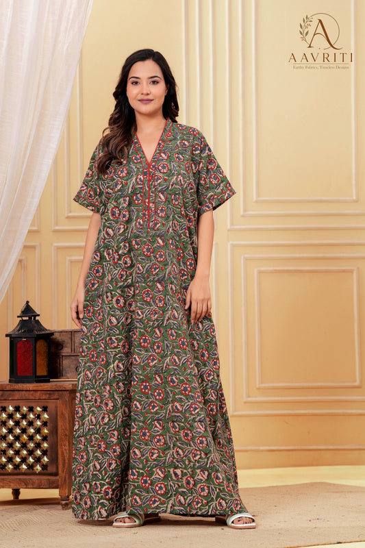 Aavriti Mehendi Green Floral Jaal Hand Block Printed Cotton Kaftan