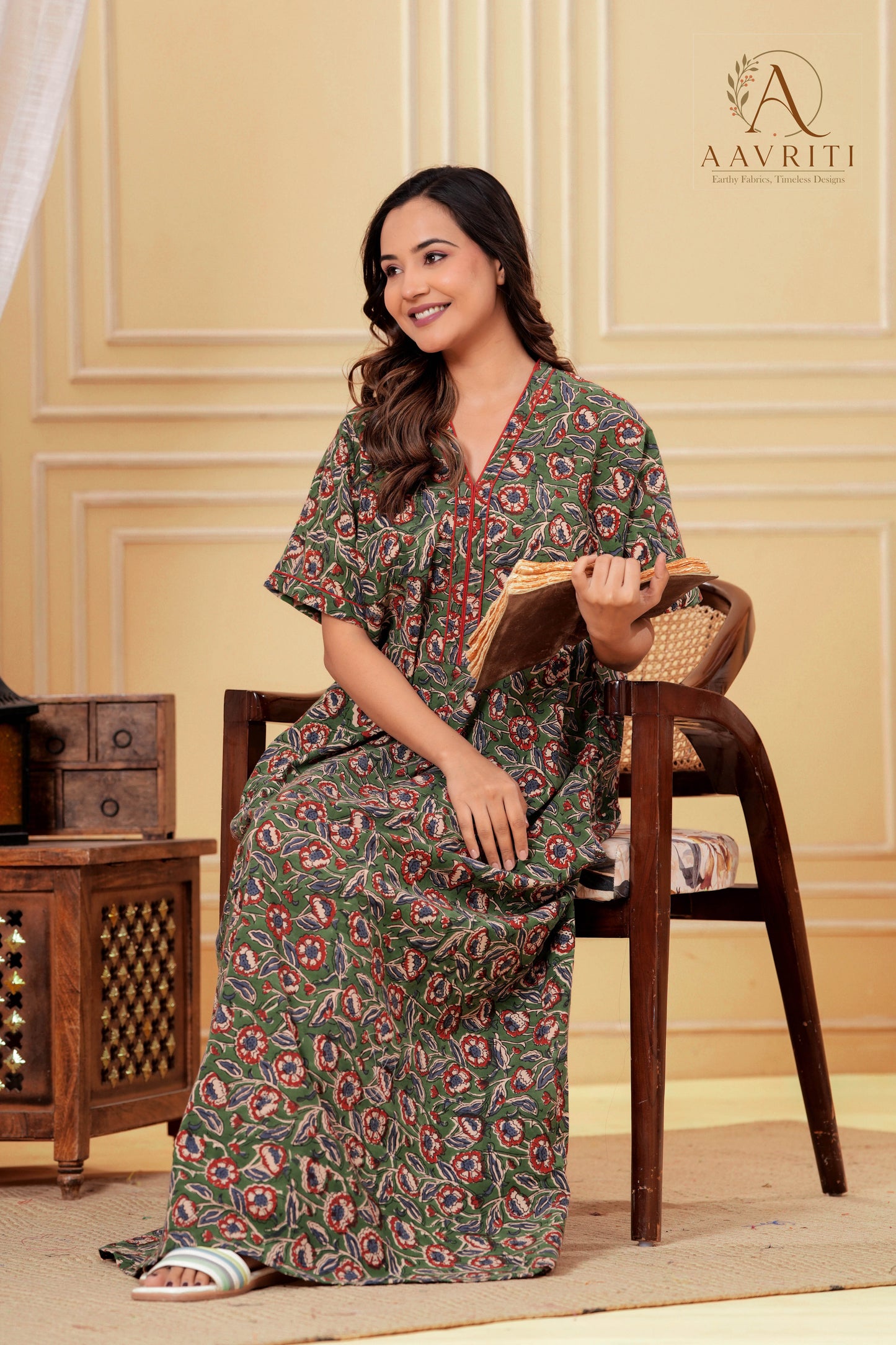 Aavriti Mehendi Green Floral Jaal Hand Block Printed Cotton Kaftan