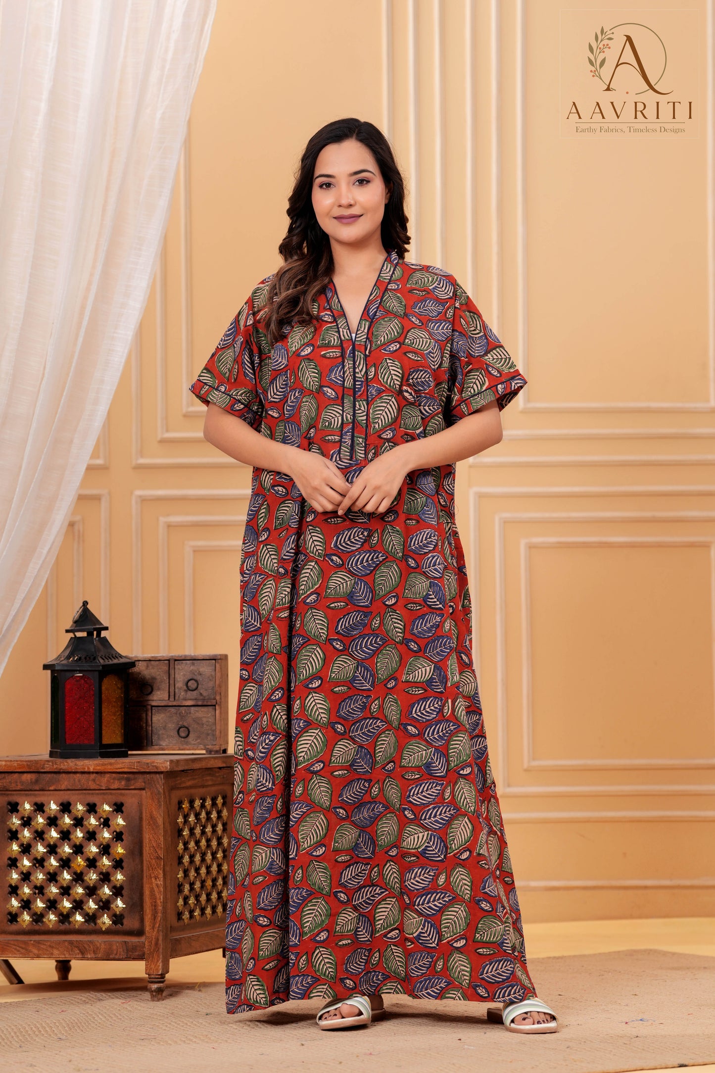 Aavriti Rust Red Leaf Jaal Hand Block Printed Cotton Kaftan