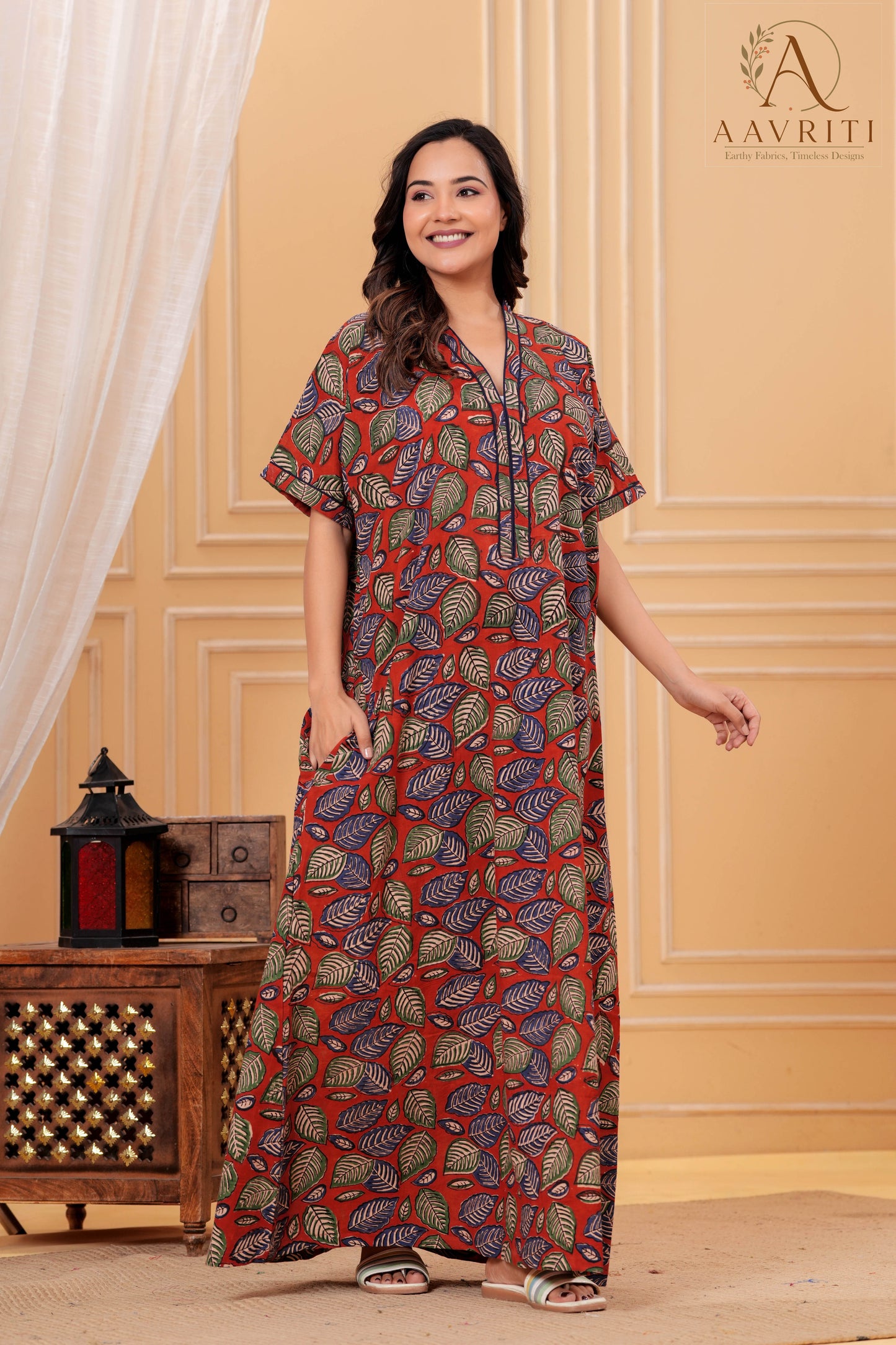 Aavriti Rust Red Leaf Jaal Hand Block Printed Cotton Kaftan