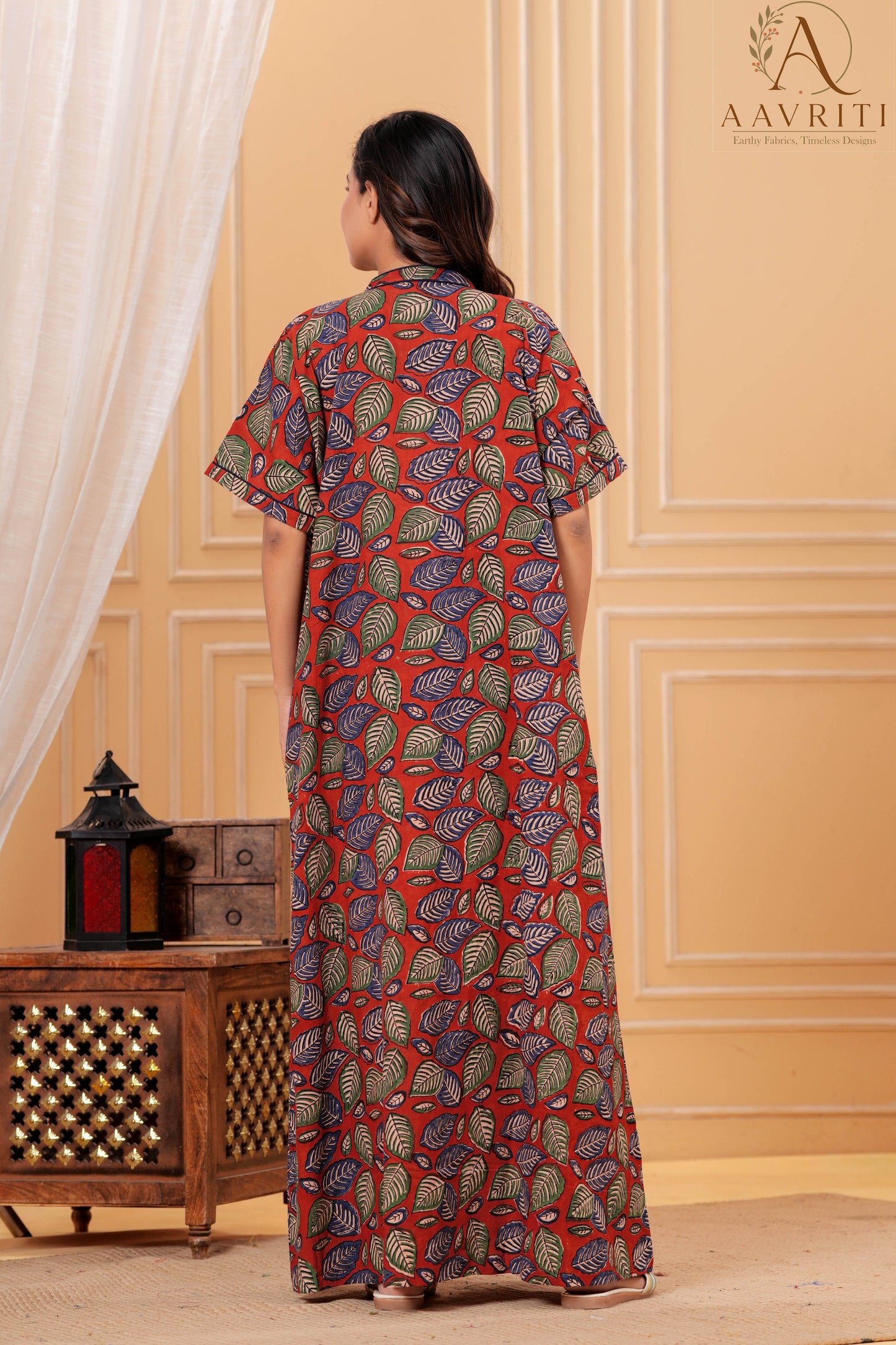 Aavriti Rust Red Leaf Jaal Hand Block Printed Cotton Kaftan