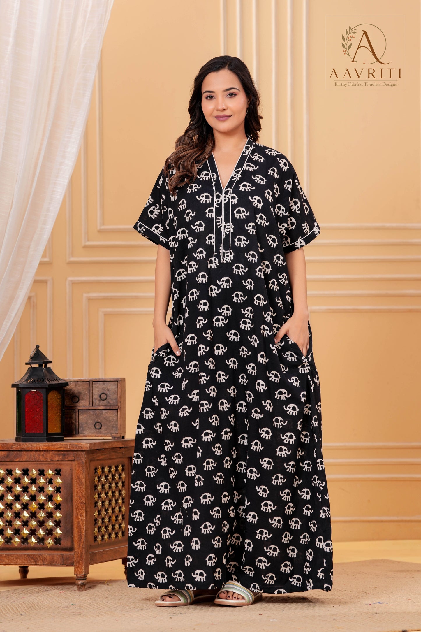 Aavriti Black Elephant Motif Hand Block Printed Cotton Loungewear Kaftan