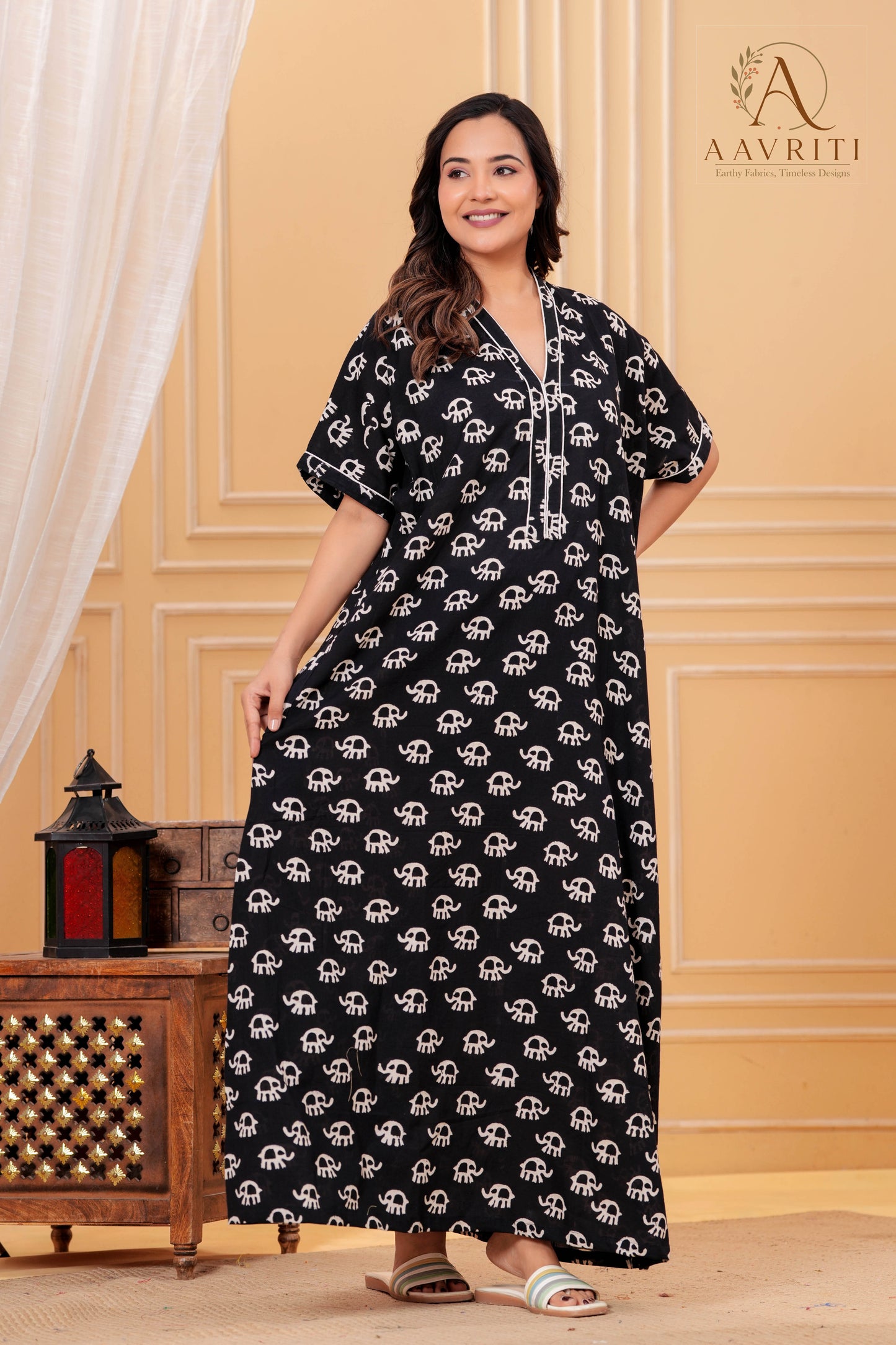 Aavriti Black Elephant Motif Hand Block Printed Cotton Loungewear Kaftan