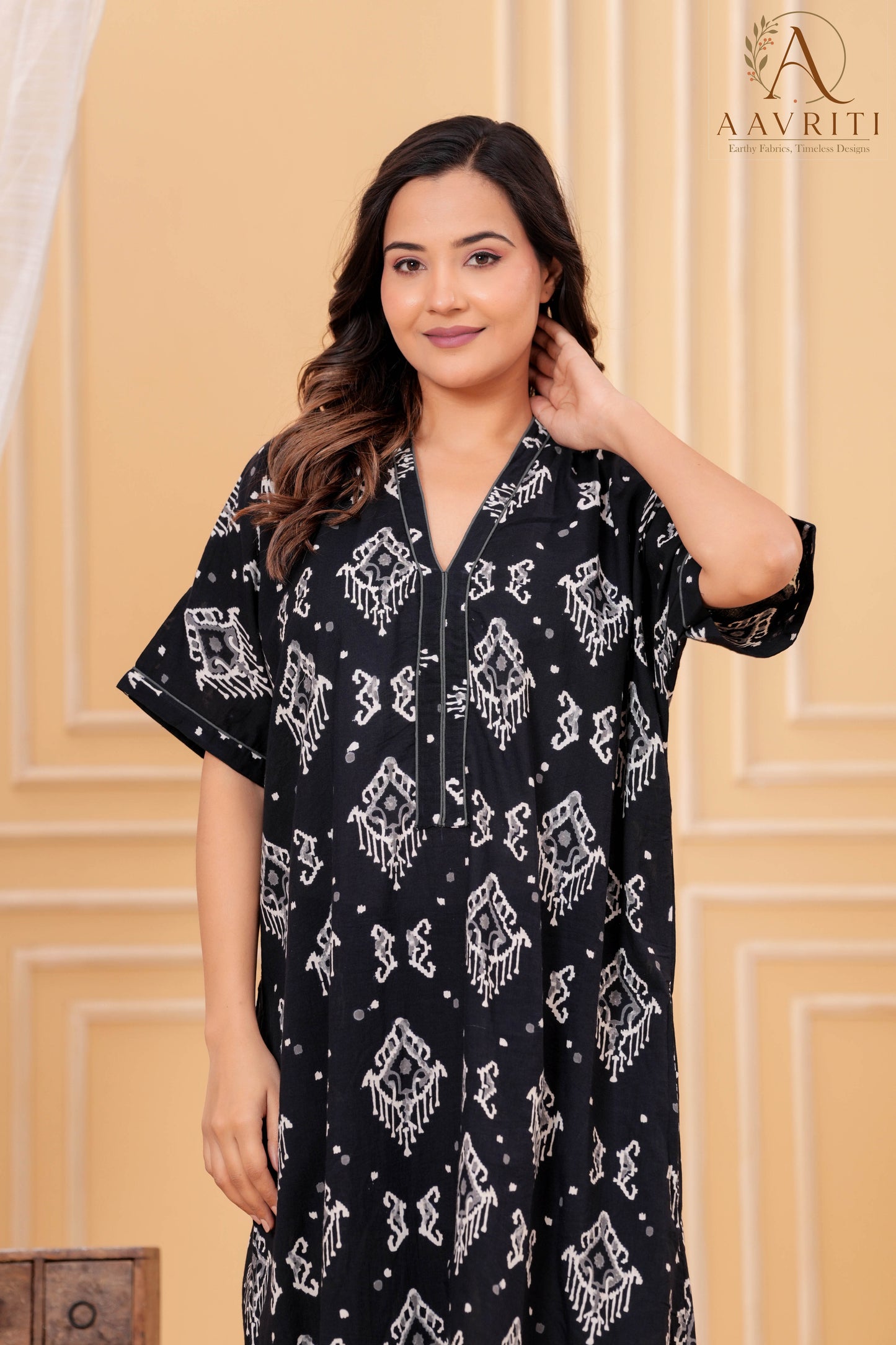 Aavriti Charcoal Black Ikat Geometric Hand Block Printed Cotton Kaftan