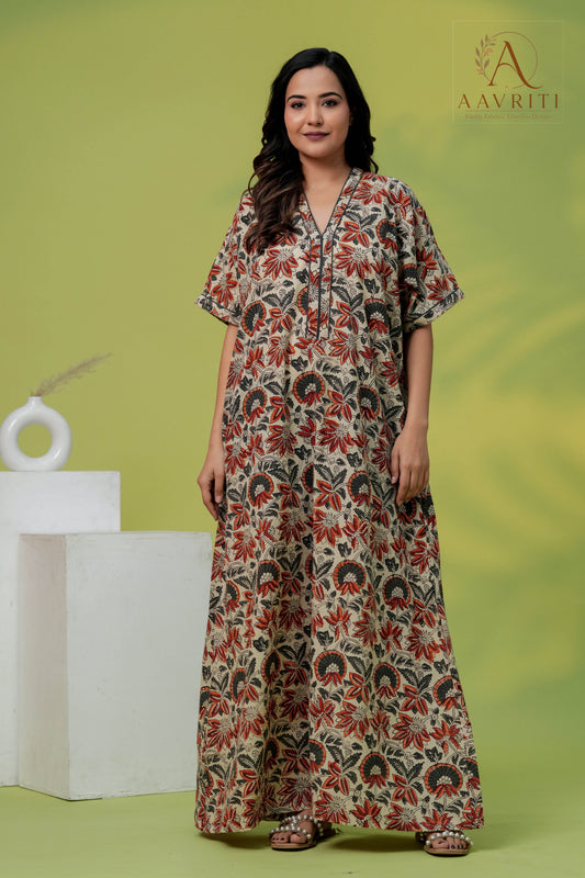 Aavriti Earthy Beige Rust Floral Jaal Hand Block Printed Cotton Kaftan
