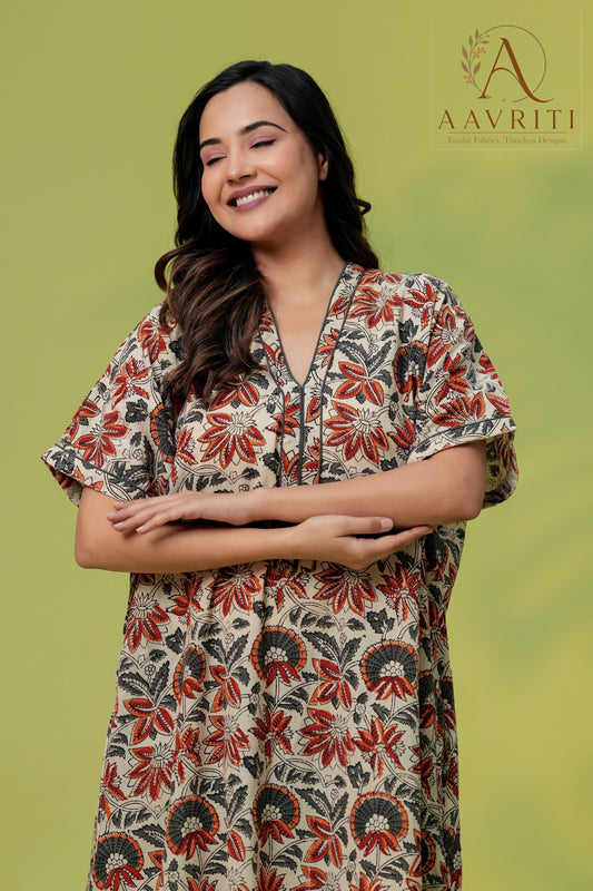 Aavriti Earthy Beige Rust Floral Jaal Hand Block Printed Cotton Kaftan