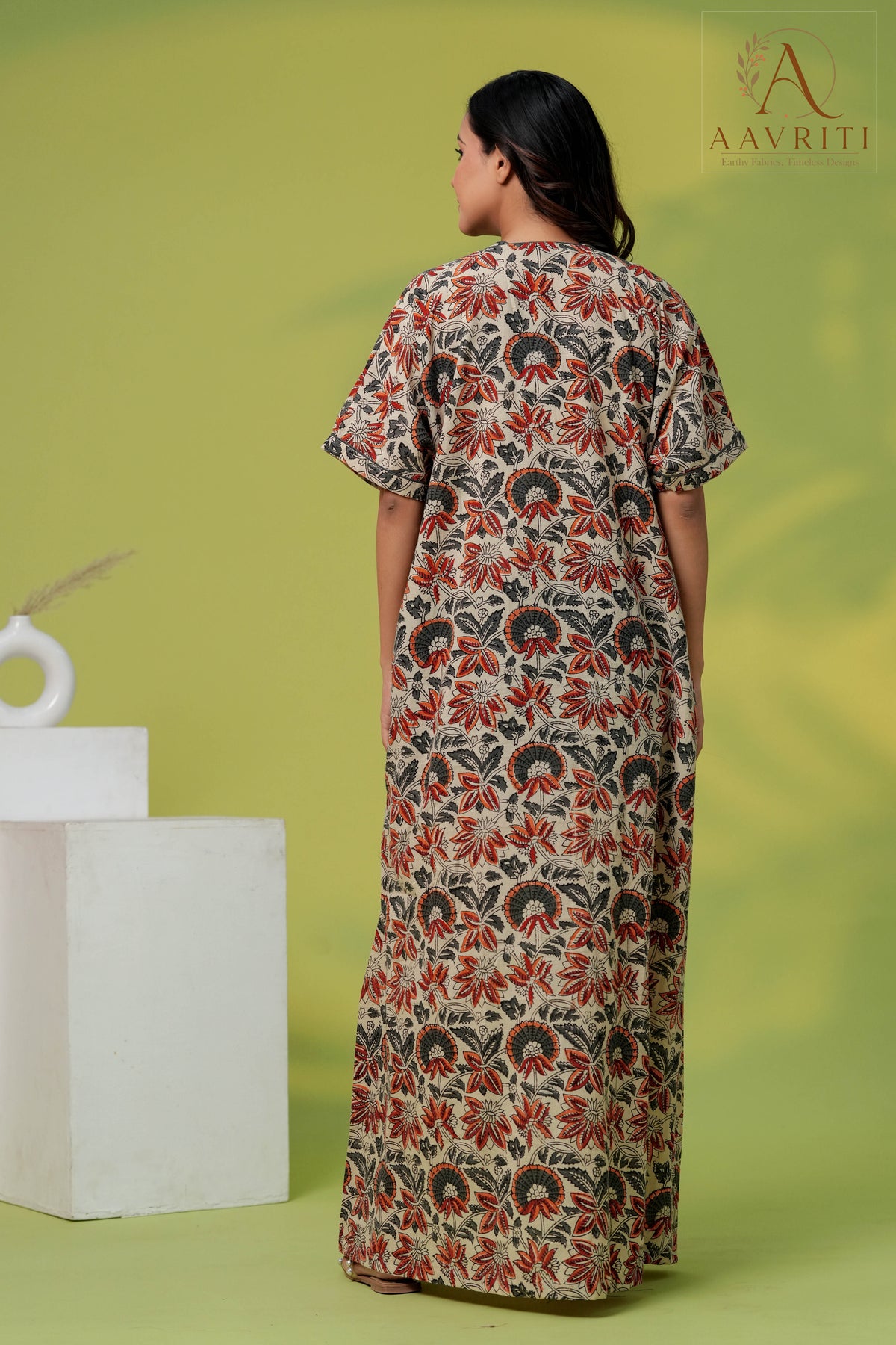 Aavriti Earthy Beige Rust Floral Jaal Hand Block Printed Cotton Kaftan