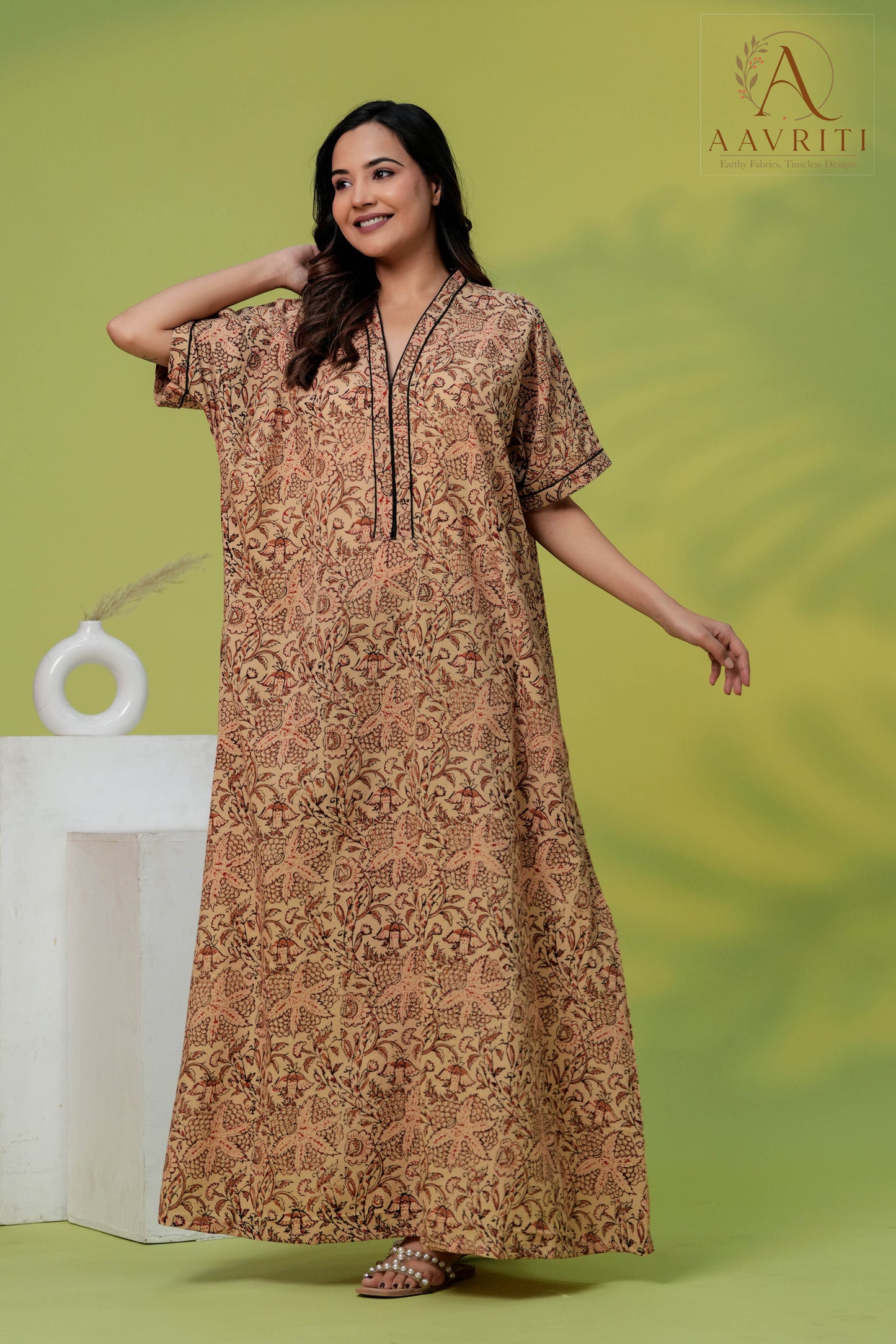 Aavriti Vintage Tan Kalamkari Floral Jaal Hand Block Printed Cotton Kaftan