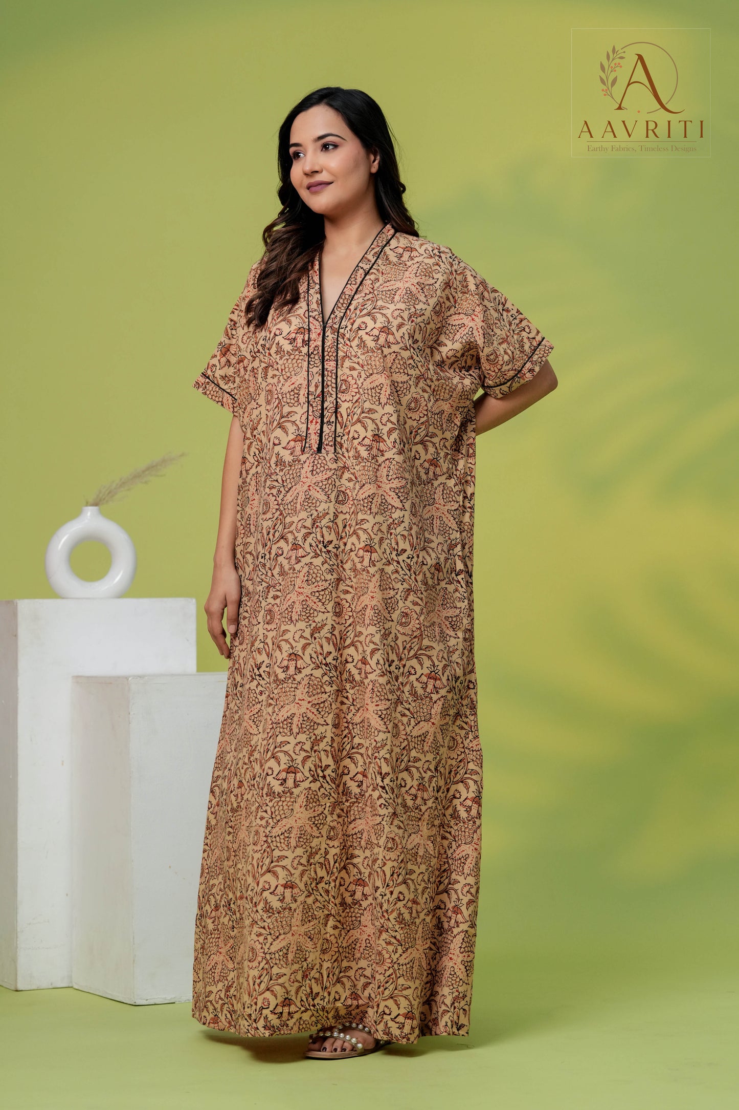Aavriti Vintage Tan Kalamkari Floral Jaal Hand Block Printed Cotton Kaftan