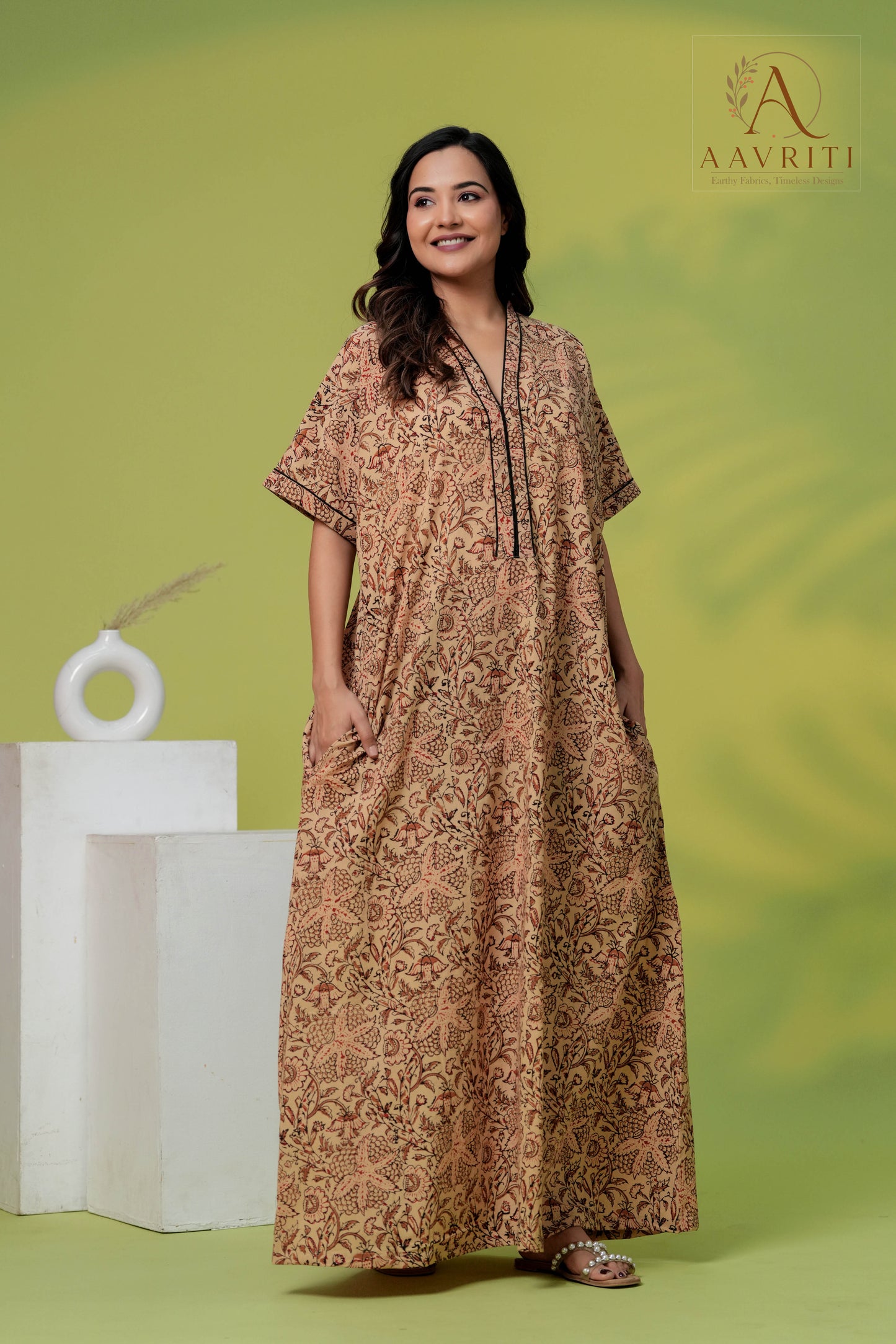 Aavriti Vintage Tan Kalamkari Floral Jaal Hand Block Printed Cotton Kaftan