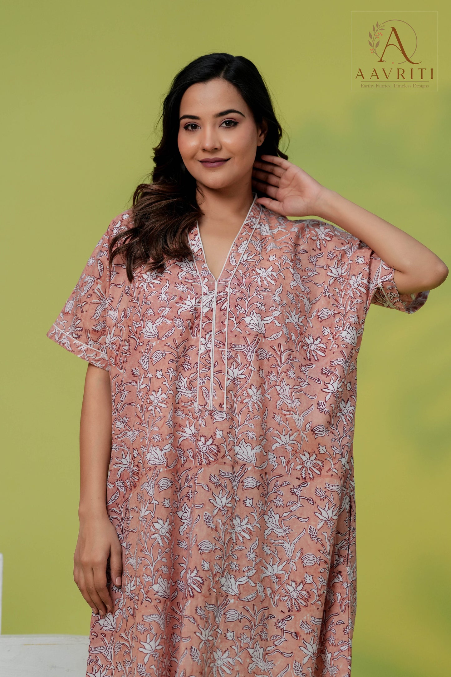 Aavriti Blossom Pink Floral Jaal Hand Block Printed Cotton Kaftan