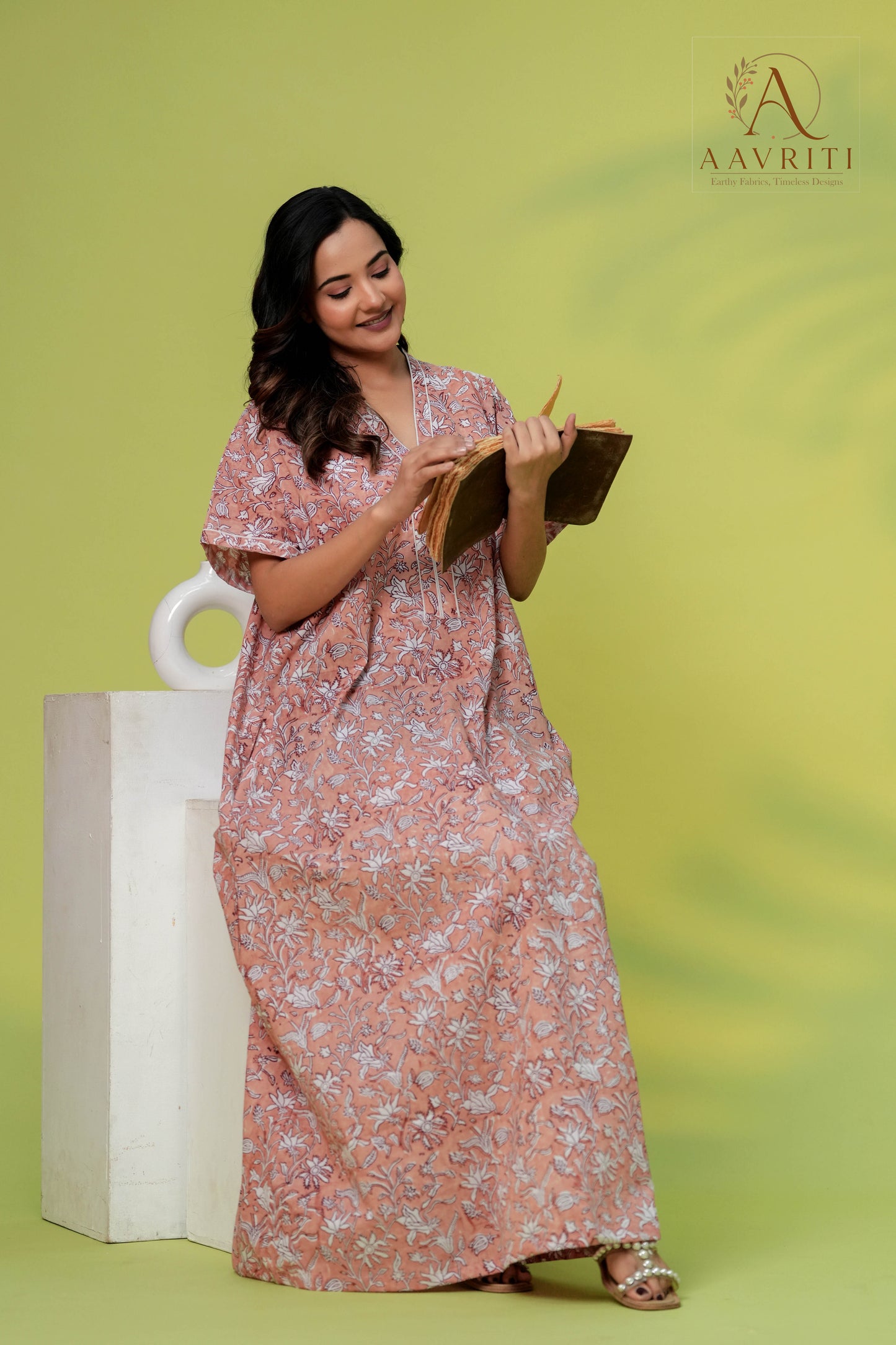 Aavriti Blossom Pink Floral Jaal Hand Block Printed Cotton Kaftan