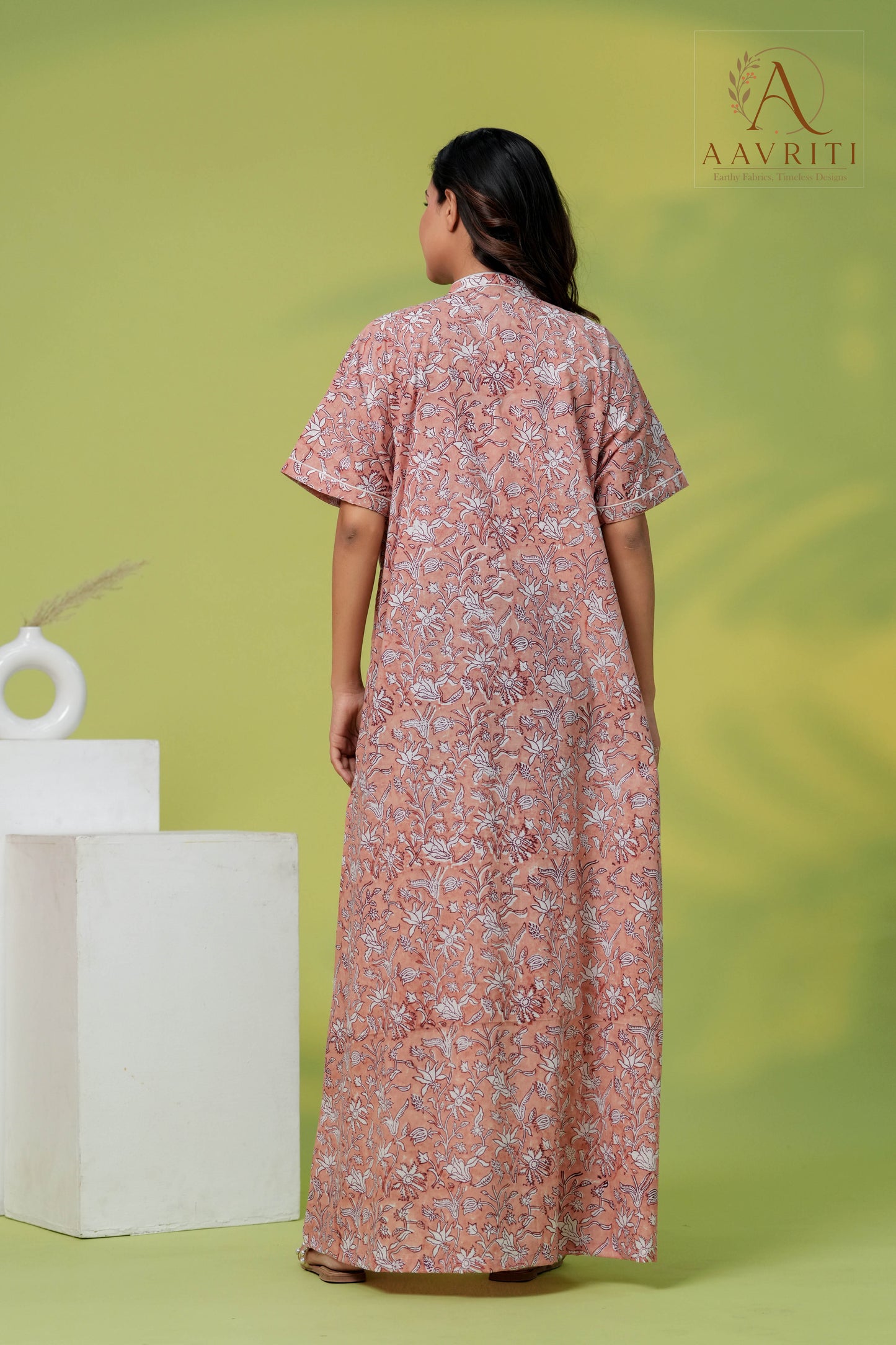 Aavriti Blossom Pink Floral Jaal Hand Block Printed Cotton Kaftan