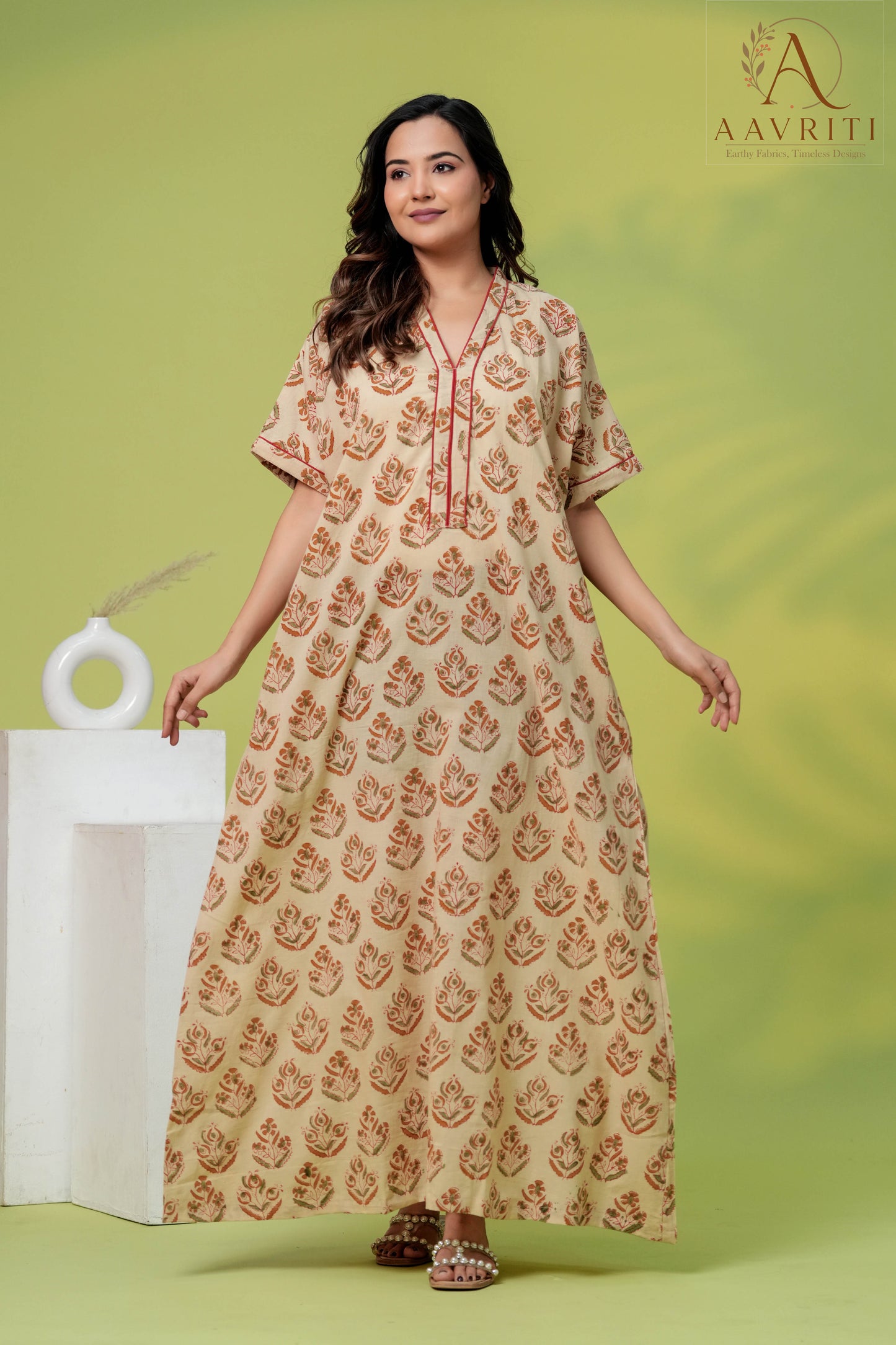 Aavriti Cream Rust Buta Hand Block Printed Cotton Kaftan