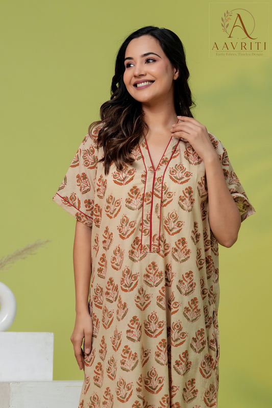 Aavriti Cream Rust Buta Hand Block Printed Cotton Kaftan