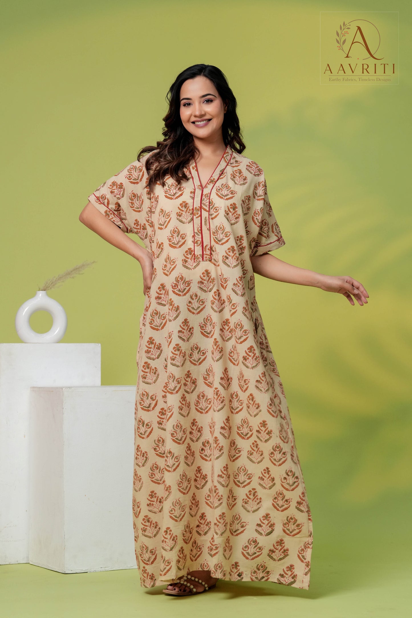 Aavriti Cream Rust Buta Hand Block Printed Cotton Kaftan