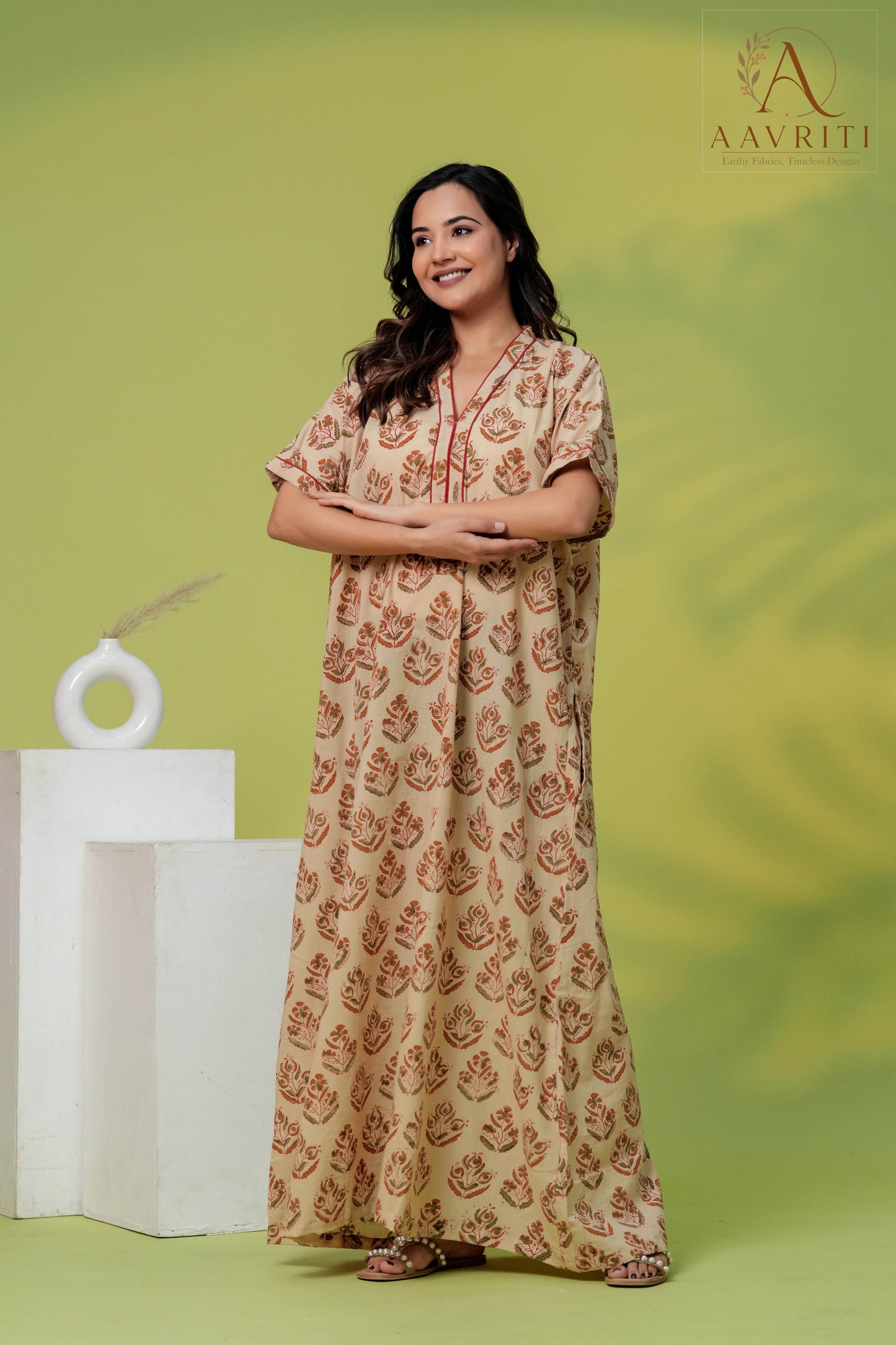 Aavriti Cream Rust Buta Hand Block Printed Cotton Kaftan