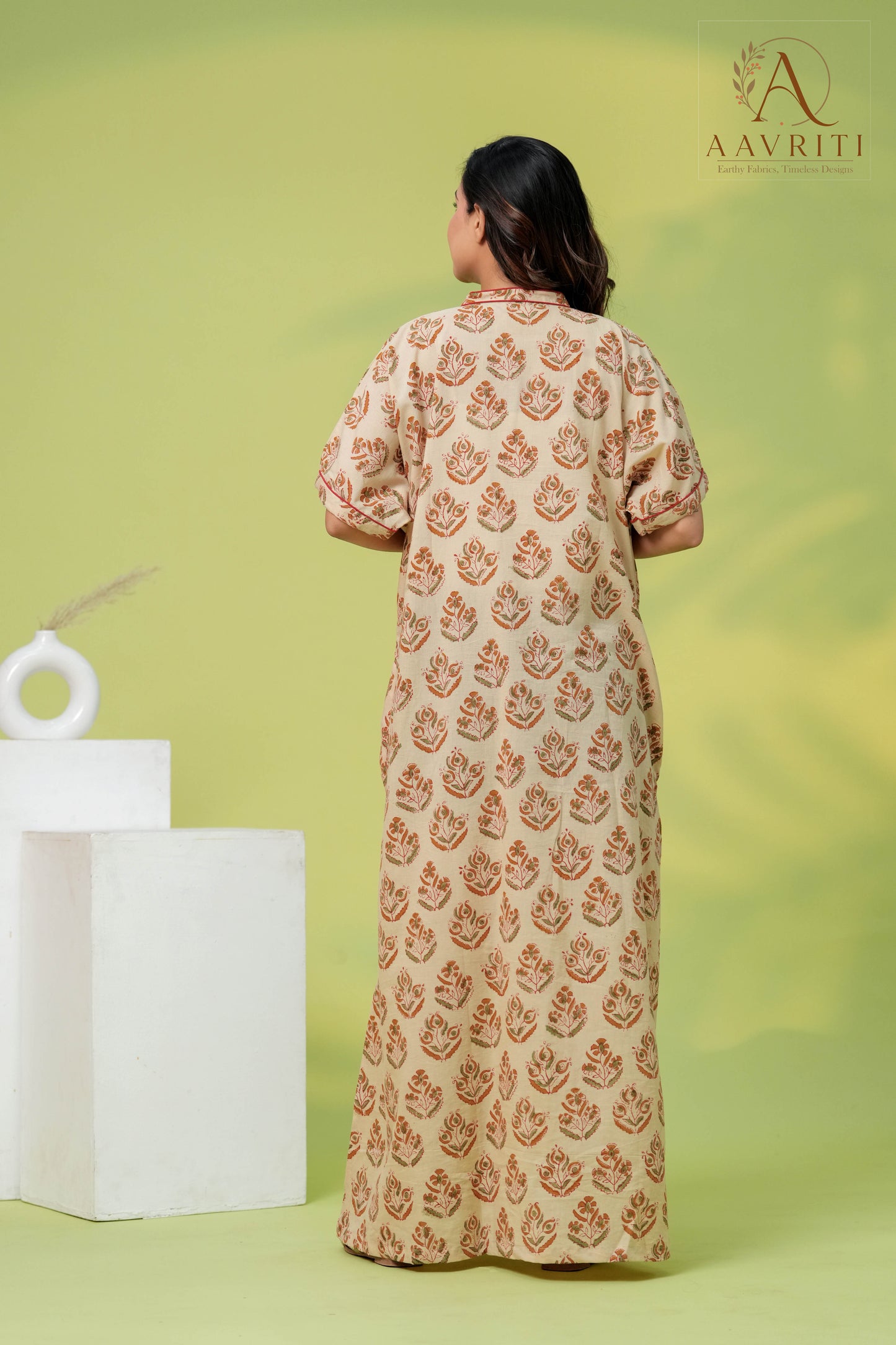 Aavriti Cream Rust Buta Hand Block Printed Cotton Kaftan
