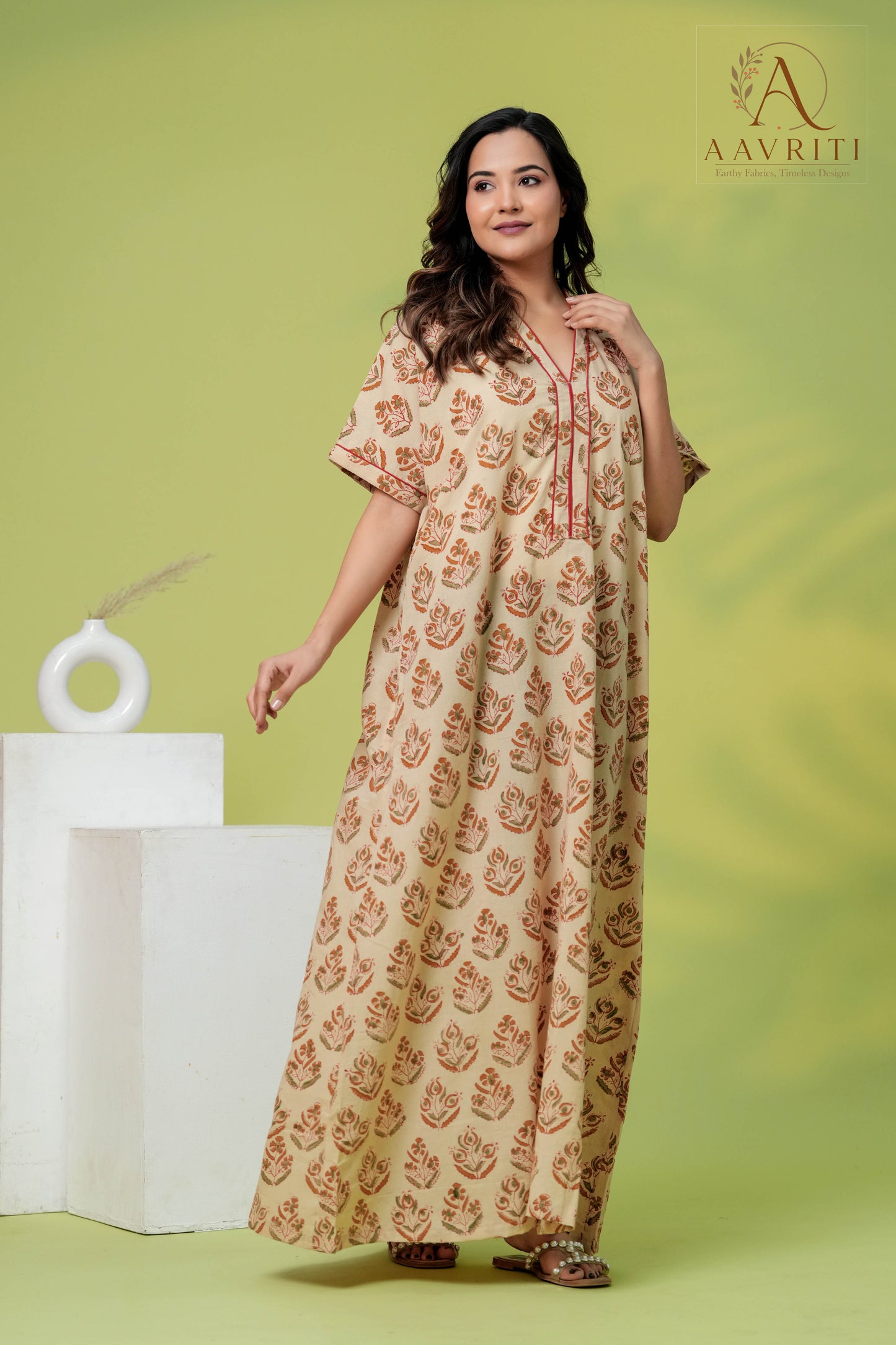 Aavriti Cream Rust Buta Hand Block Printed Cotton Kaftan