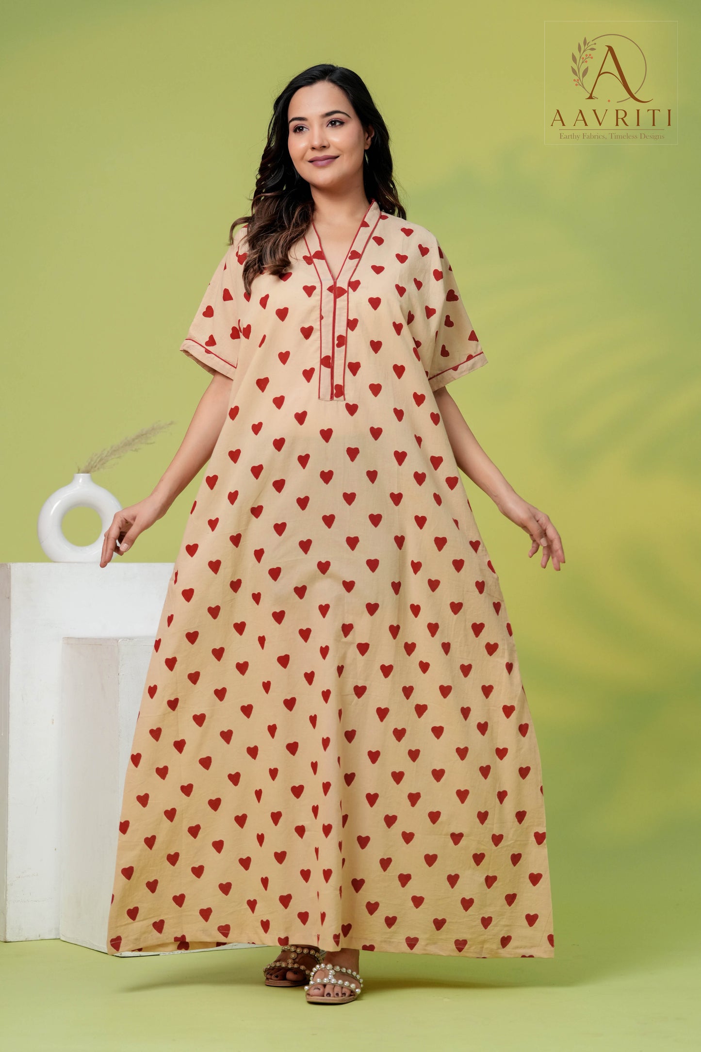Aavriti Beige Red Heart Buti Hand Block Printed Cotton Loungewear Kaftan