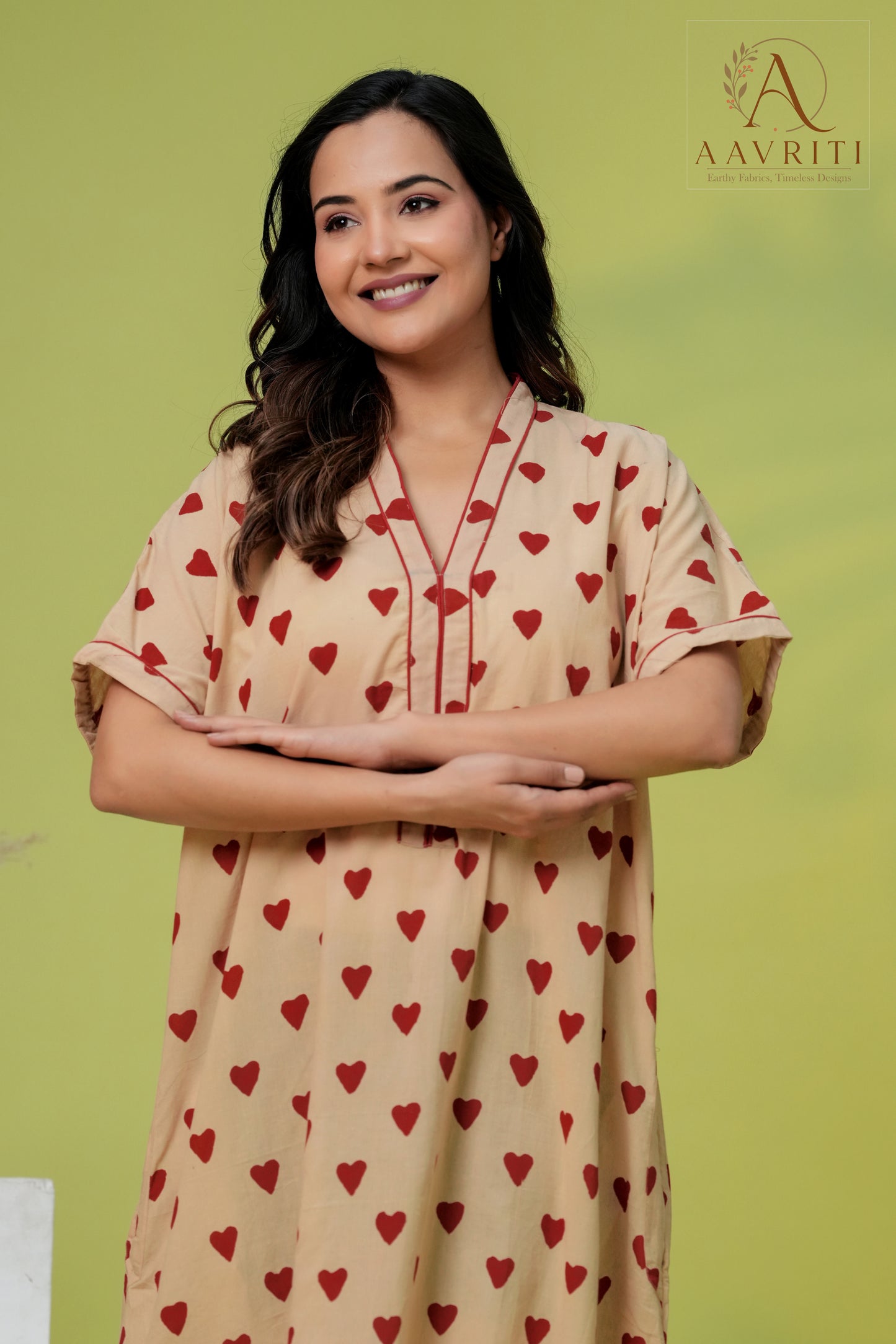 Aavriti Beige Red Heart Buti Hand Block Printed Cotton Loungewear Kaftan