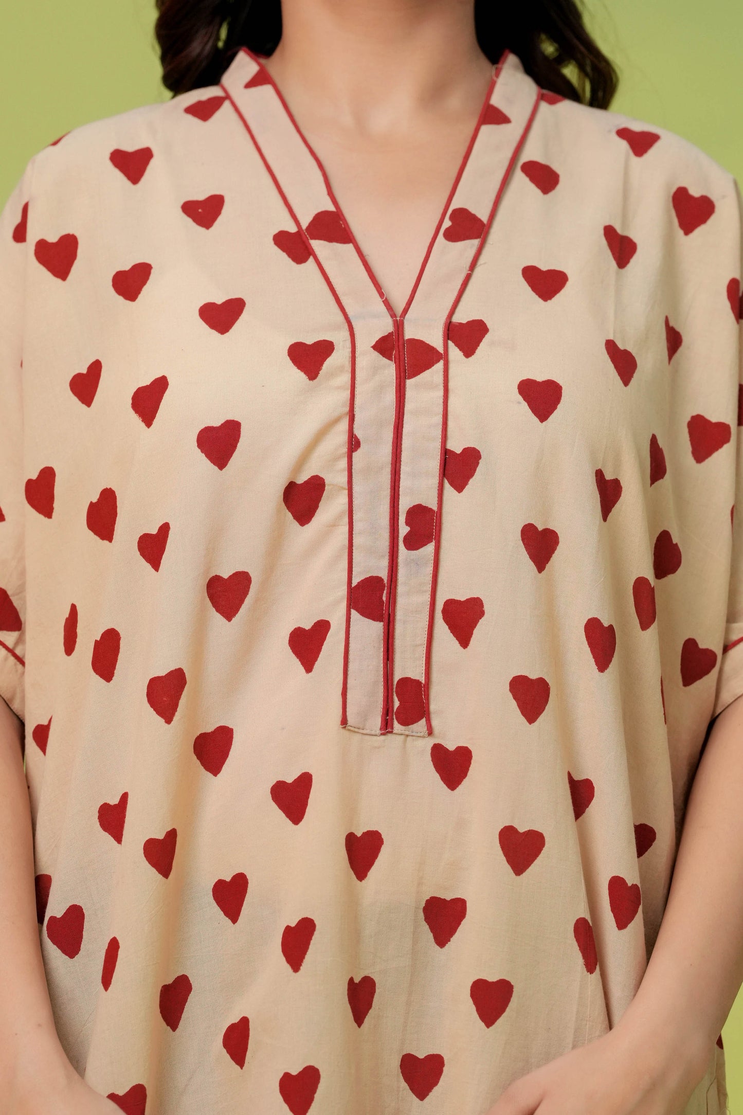 Aavriti Beige Red Heart Buti Hand Block Printed Cotton Loungewear Kaftan