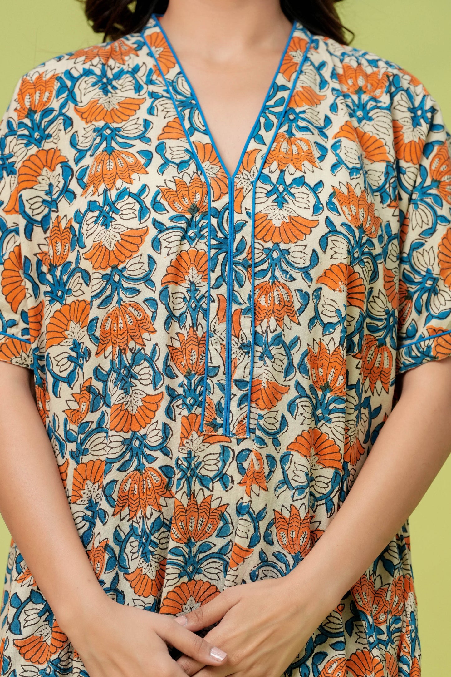 Aavriti Cream Orange Indigo Jaal Hand Block Printed Cotton Kaftan