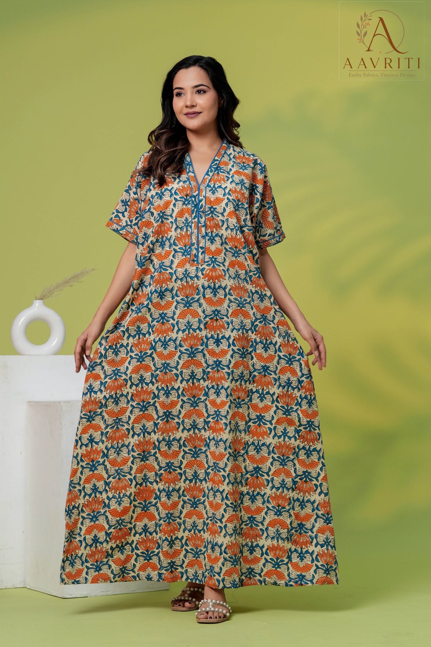 Aavriti Cream Orange Indigo Jaal Hand Block Printed Cotton Kaftan