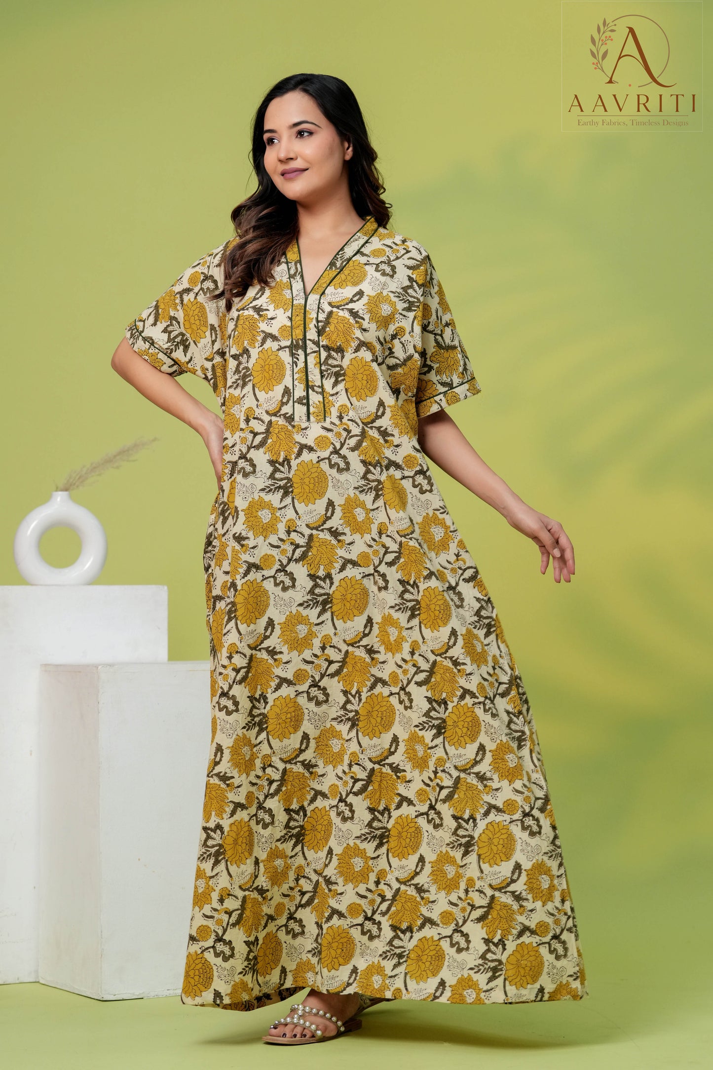 Aavriti Cream Mustard Olive Jaal Hand Block Printed Cotton Loungewear Kaftan