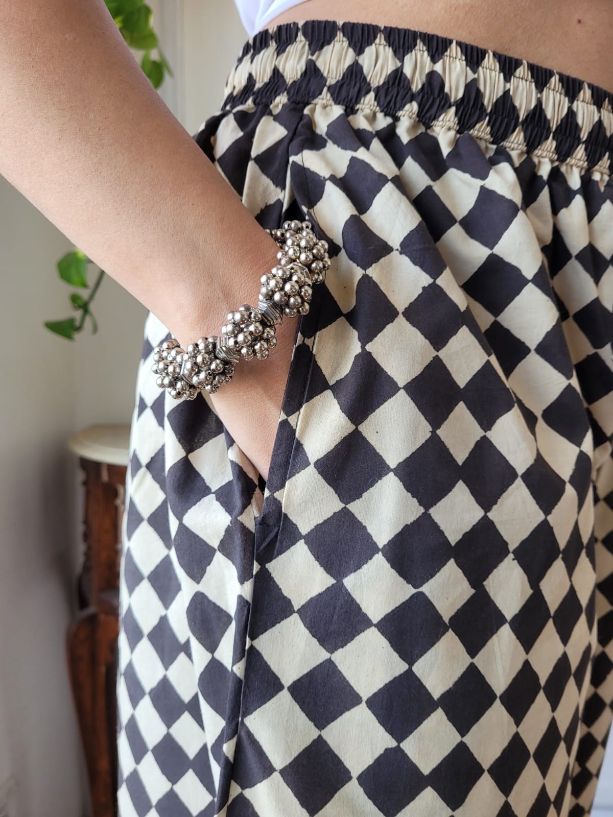 Aavriti Black and Cream Geometric Checkerboard Bagru Hand Block Printed Cotton Palazzo Pant