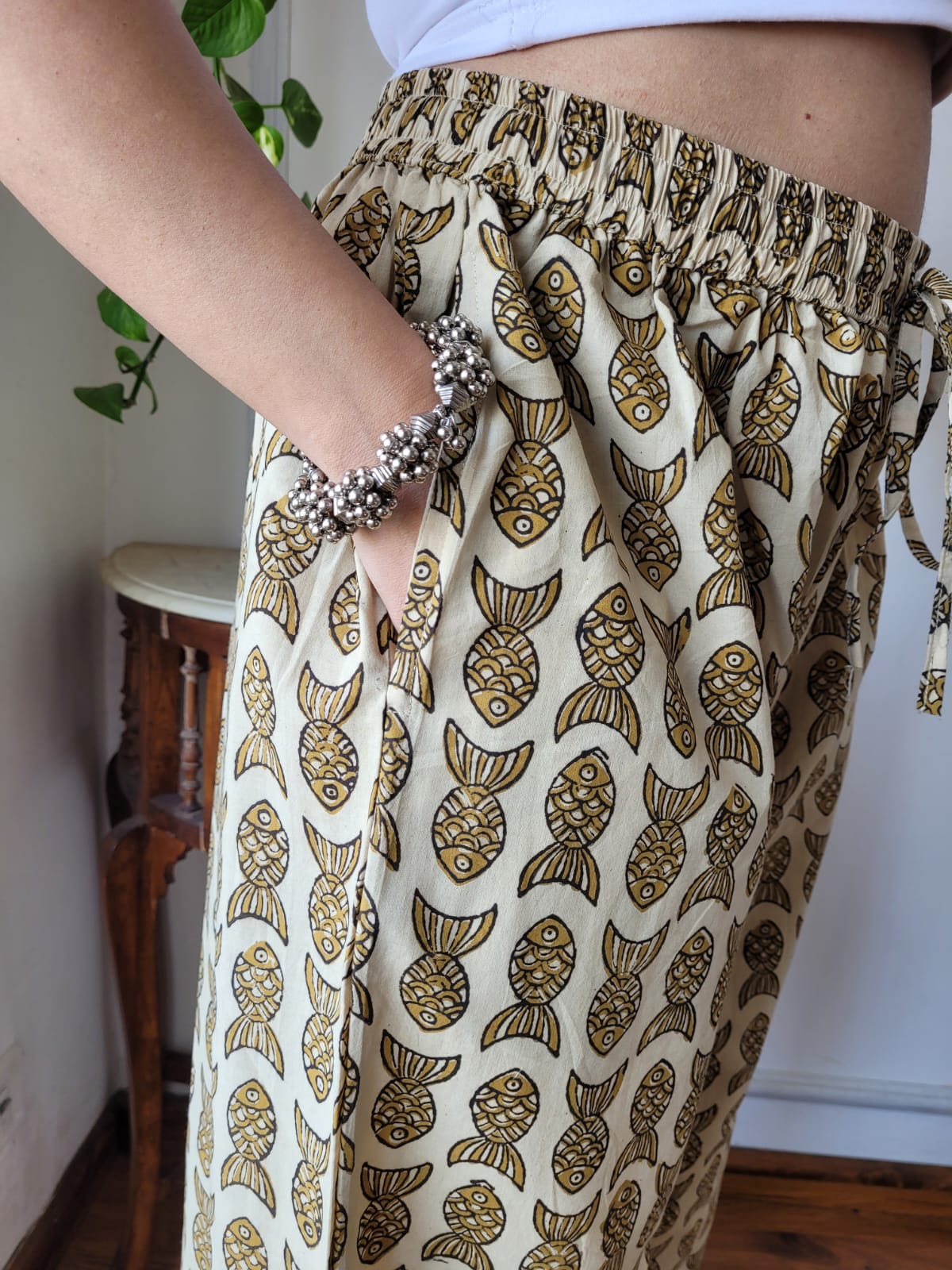 Aavriti Mustard Olive Fish Motif Bagru Hand Block Printed Cotton Palazzo Pant