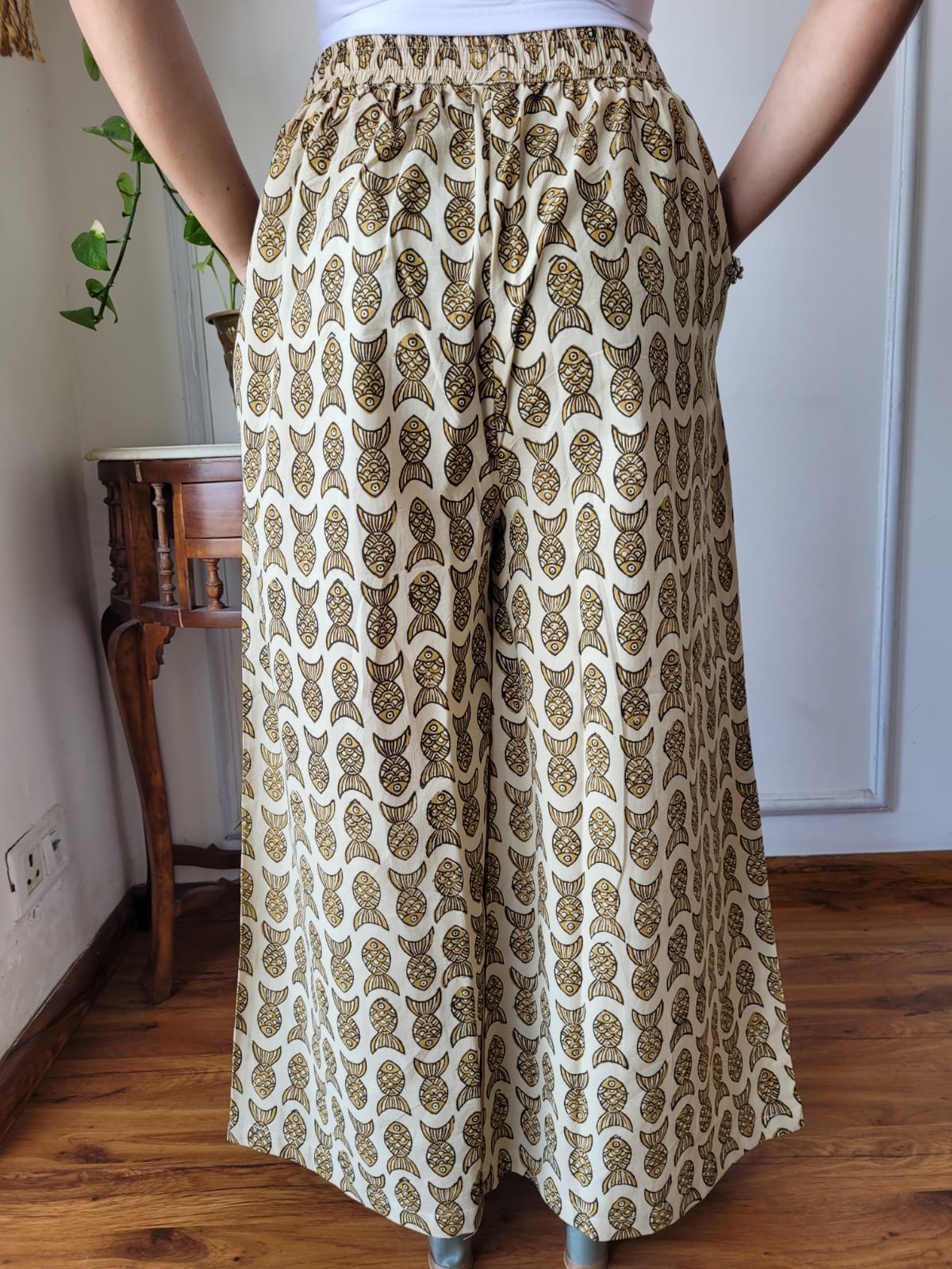 Aavriti Mustard Olive Fish Motif Bagru Hand Block Printed Cotton Palazzo Pant