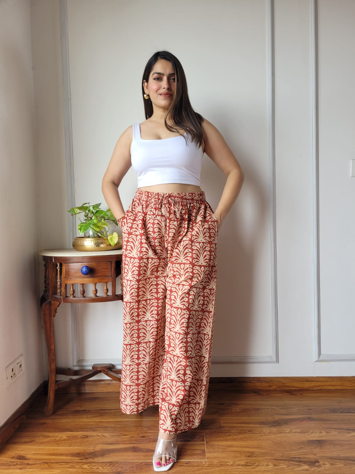 Aavriti Rust Terracotta Floral Tree Bagru Hand Block Printed Cotton Palazzo Pant