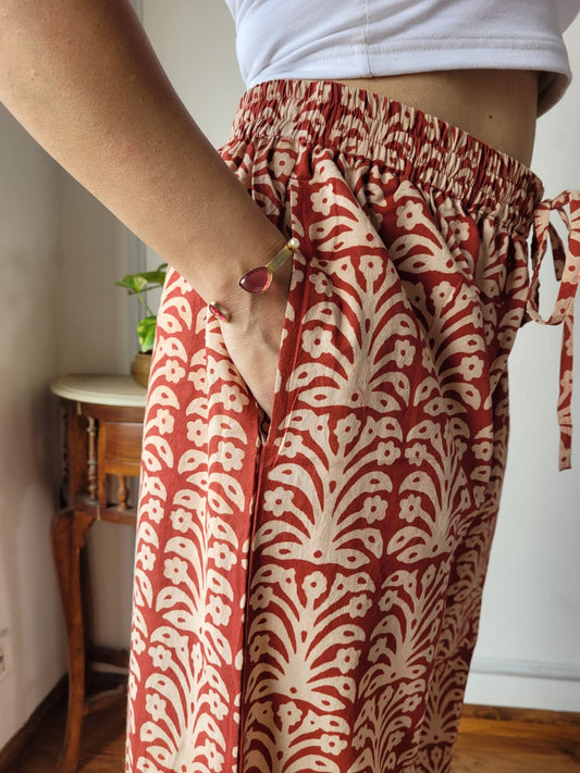 Aavriti Rust Terracotta Floral Tree Bagru Hand Block Printed Cotton Palazzo Pant