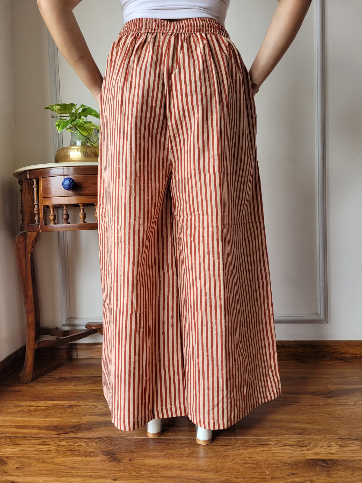 Aavriti Brick Red Leheriya Striped Bagru Hand Block Printed Cotton Palazzo Pant