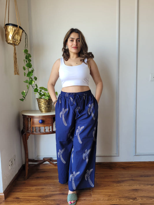 Aavriti Indigo Blue Bird Bagru Hand Block Printed Cotton Palazzo Pant