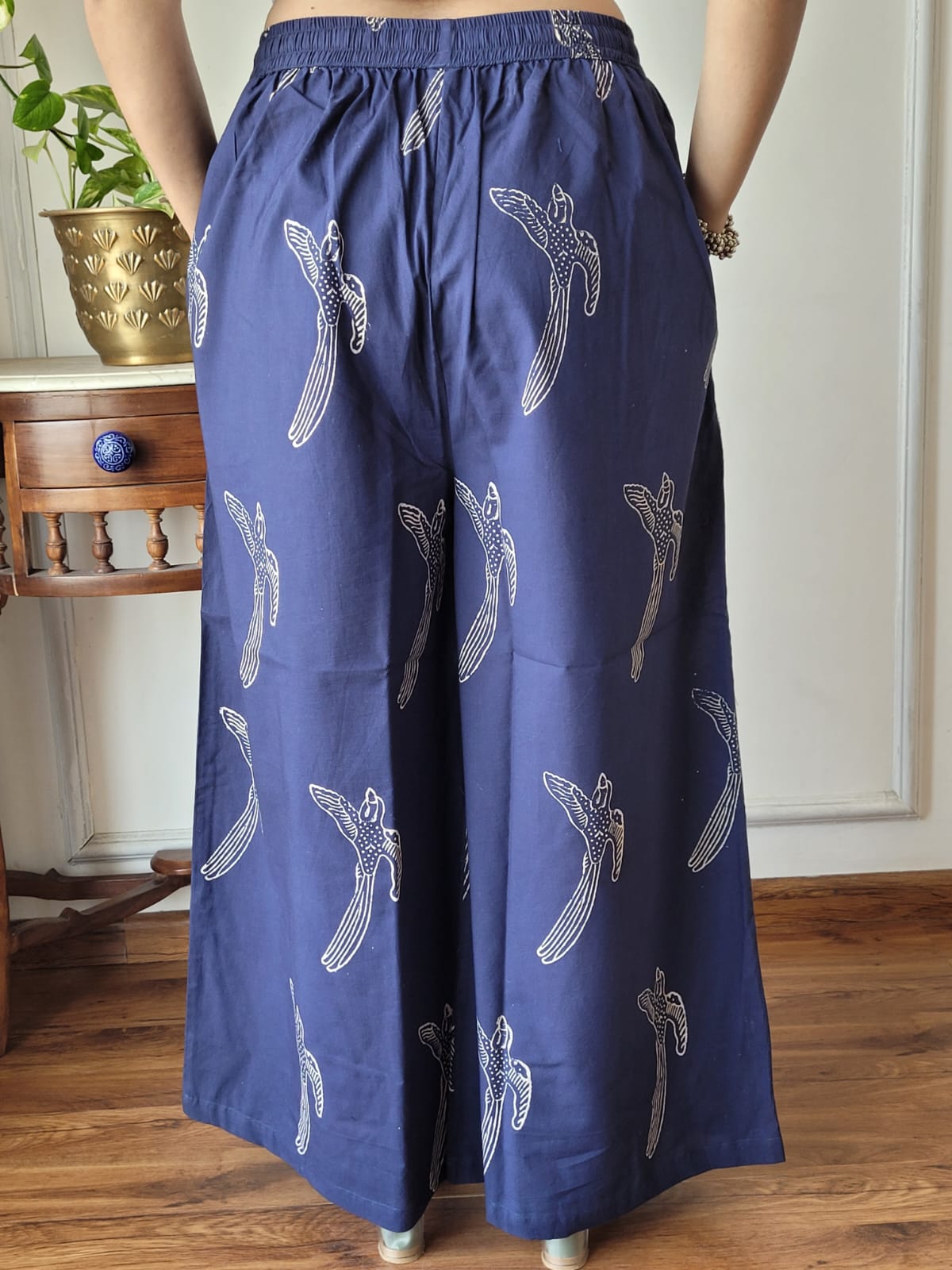 Aavriti Indigo Blue Bird Bagru Hand Block Printed Cotton Palazzo Pant