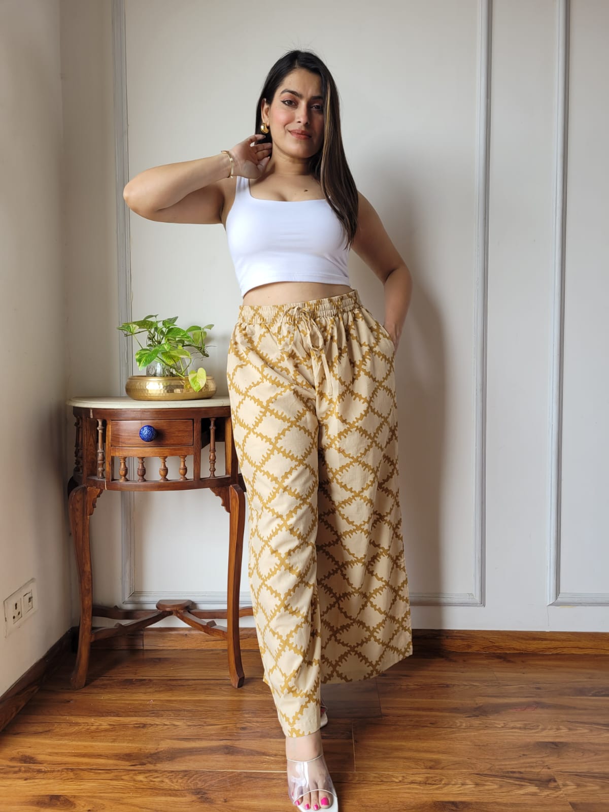 Aavriti Mustard Ochre Jaal Bagru Hand Block Printed Cotton Palazzo Pant