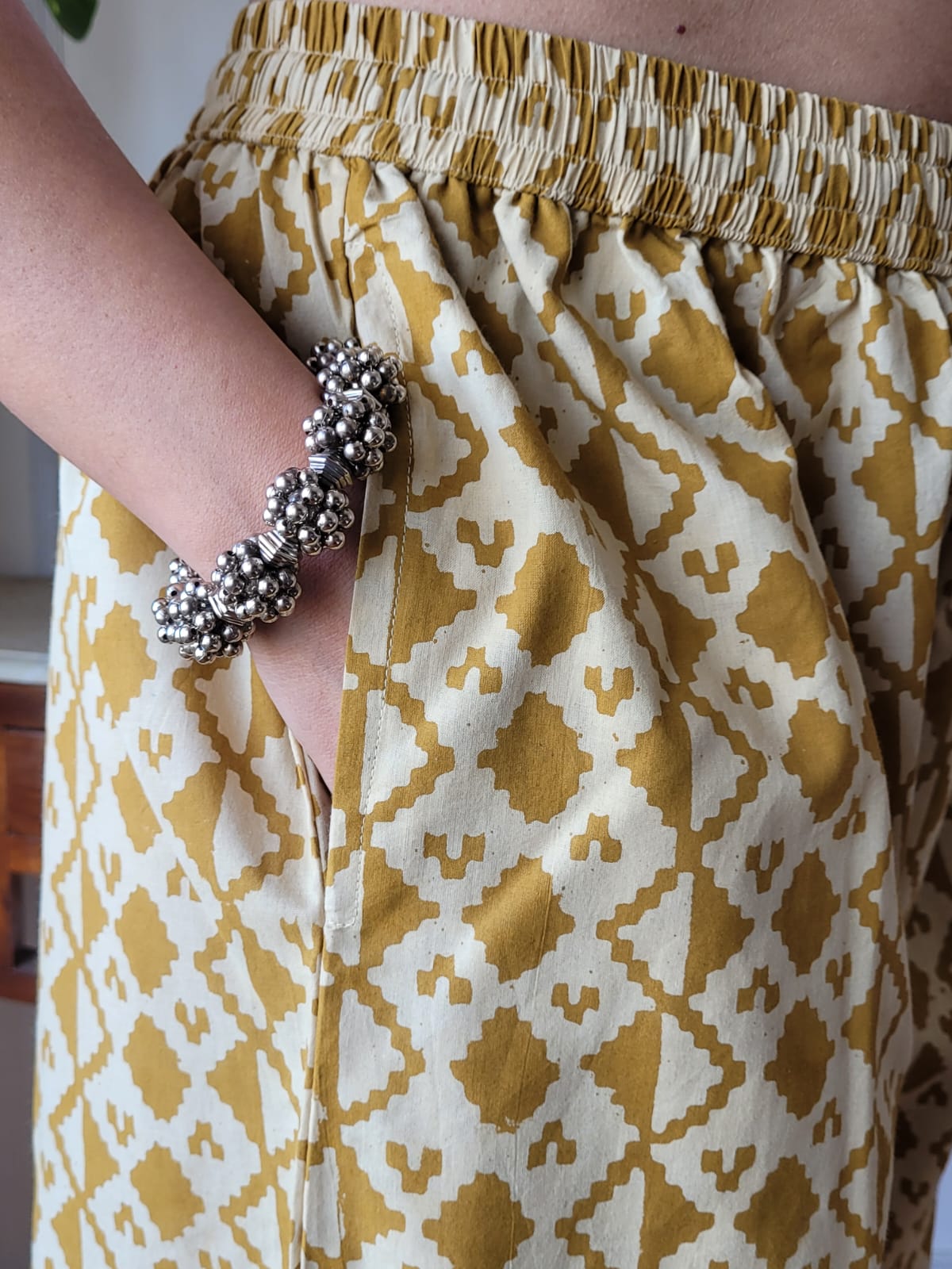 Aavriti Mustard Geometric Diamond Bagru Hand Block Printed Cotton Palazzo Pant