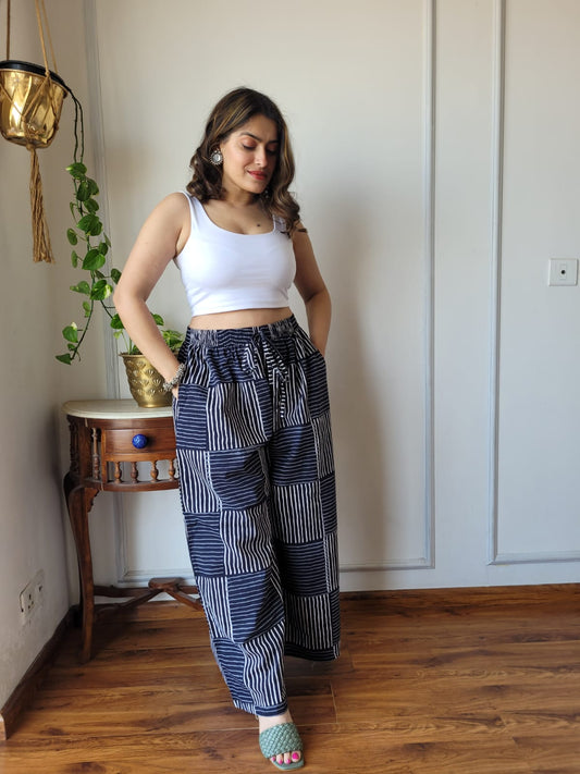Aavriti Indigo Black Geometric Patchwork Bagru Hand Block Printed Cotton Palazzo Pant