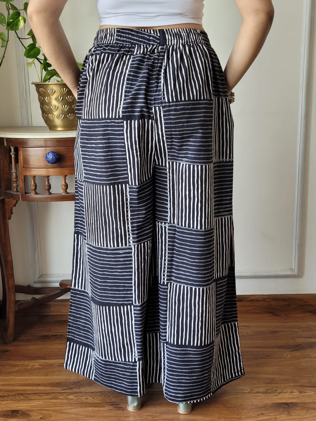 Aavriti Indigo Black Geometric Patchwork Bagru Hand Block Printed Cotton Palazzo Pant