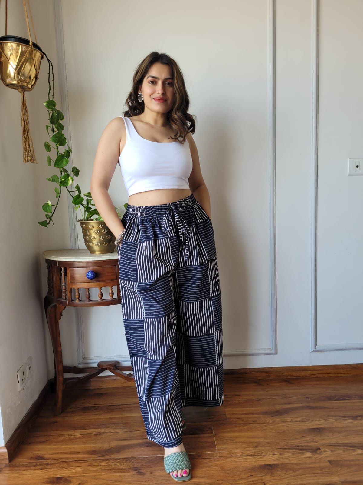 Aavriti Indigo Black Geometric Patchwork Bagru Hand Block Printed Cotton Palazzo Pant