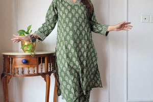 Turquoise Blue Handblock Kurta with Geometric Pants