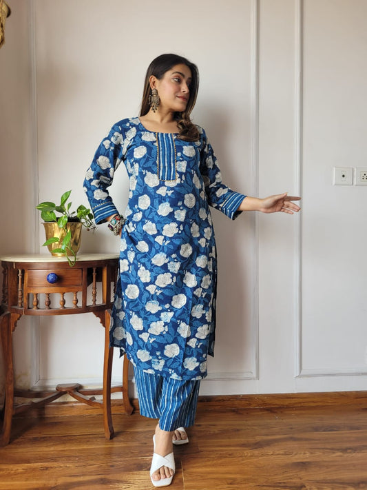 Sunshine Yellow Sanganeri Kurta with Contrast Pants