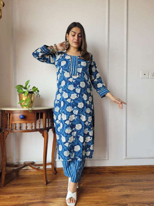 Sunshine Yellow Sanganeri Kurta with Contrast Pants