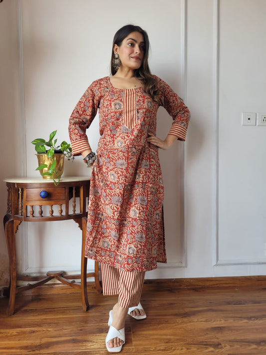 Aavriti Heritage Terracotta Ajrakh Hand Block Printed Cambric Cotton Kurta Pant Set
